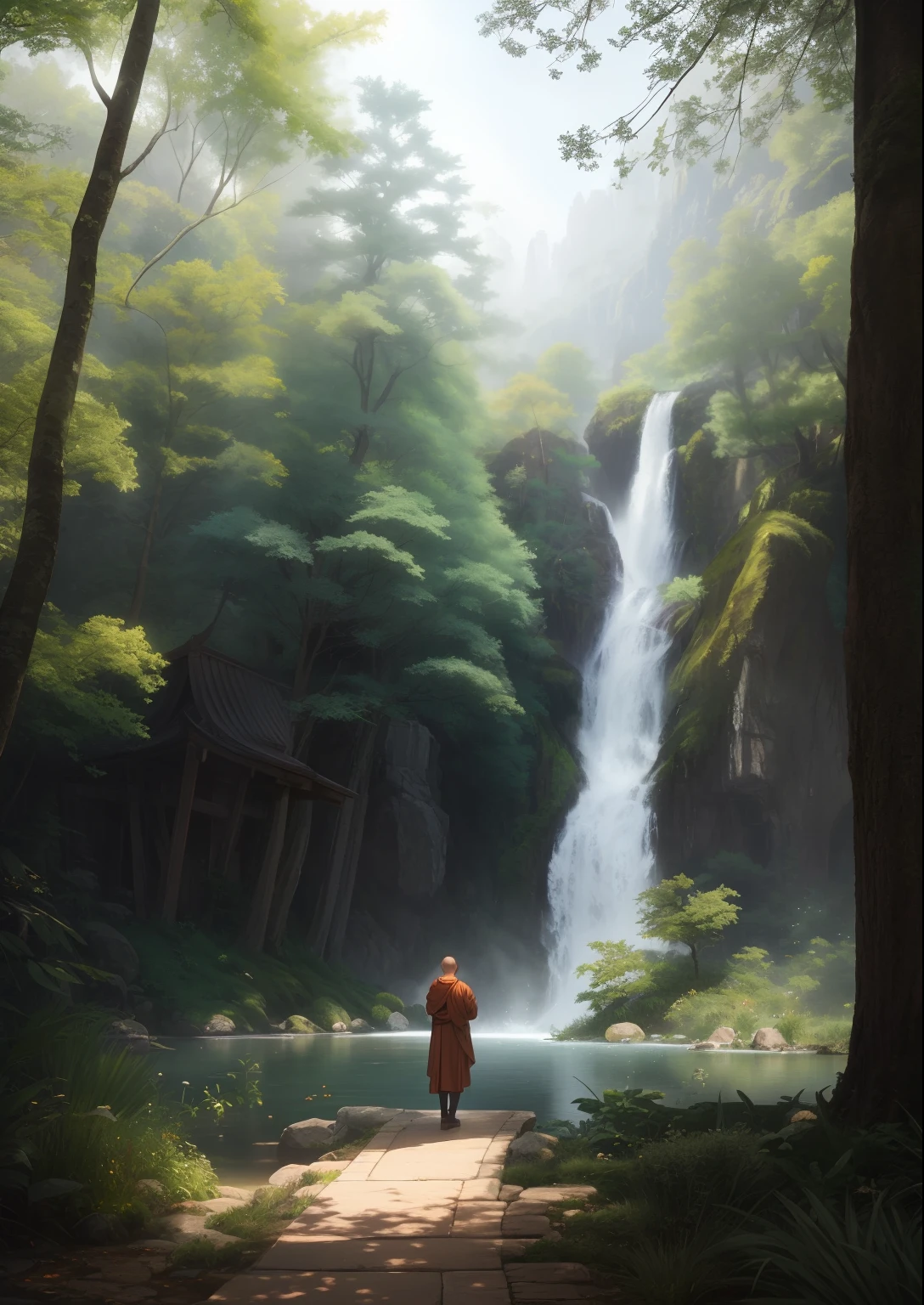 a monk is meditating, wearing a white robe in the temple, the temple is in the forest, raw photo, surreal photo, unreal engine 4, 8k, super sharp, detailed colors, wide color coverage , extreme scene detail, shading, anti-aliasing, error detail smoothing,raw photo, surreal image, unreal engine 4, 8k, super sharp, detailed colors, wide color coverage, extremely high scene detail, shading, anti-aliasing, error detail smoothing, raw photo, surreal photo, unreal engine 4.8k, super sharp, detailed color, wide color coverage, scene detail extremely tall object , (8k, RAW photo, best quality, masterpiece:1.2), (realistic, photo-realistic:1.37),modelshoot style, (extremely detailed CG unity 8k wallpaper),professional majestic oil painting by Ed Blinkey, Atey Ghailan, Studio Ghibli, by Jeremy Mann, Greg Manchess, Antonio Moro, trending on ArtStation, trending on CGSociety, Intricate, High Detail, Sharp focus, dramatic, photorealistic painting art by midjourney and greg rutkowski, scene detail extreme objects, shading, anti-aliasing, error detail smoothing