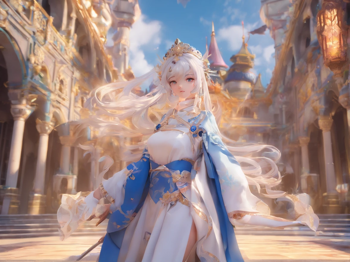 Anime girl and sword in white and blue dress, anime goddess, a beautiful fantasy empress, ((a beautiful fantasy empress)), palatial palace , a girl in hanfu, Cute anime waifu in a nice dress, beautiful alluring anime woman, guweiz on pixiv artstation, guweiz on artstation pixiv, Detailed Digital Anime Art, detailed anime art