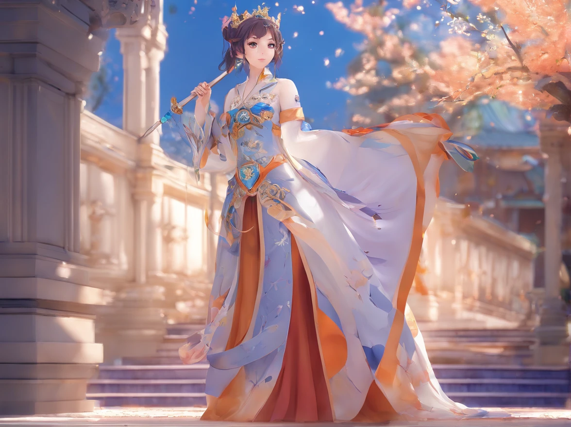 Anime girl and sword in white and blue dress, anime goddess, a beautiful fantasy empress, ((a beautiful fantasy empress)), palatial palace , a girl in hanfu, Cute anime waifu in a nice dress, beautiful alluring anime woman, guweiz on pixiv artstation, guweiz on artstation pixiv, Detailed Digital Anime Art, detailed anime art