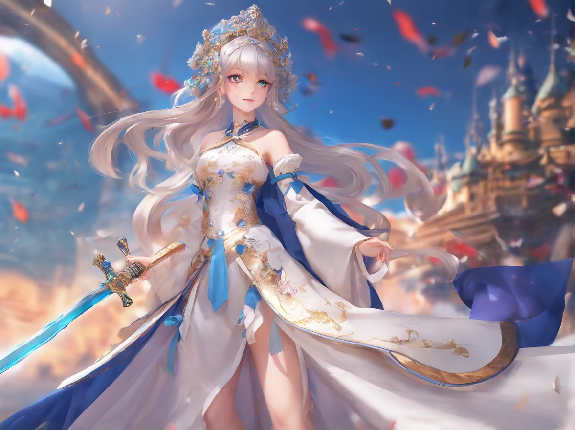 Anime girl and sword in white and blue dress, anime goddess, a beautiful fantasy empress, ((a beautiful fantasy empress)), palatial palace ， a girl in hanfu, Cute anime waifu in a nice dress, beautiful alluring anime woman, guweiz on pixiv artstation, guweiz on artstation pixiv, Detailed Digital Anime Art, detailed anime art