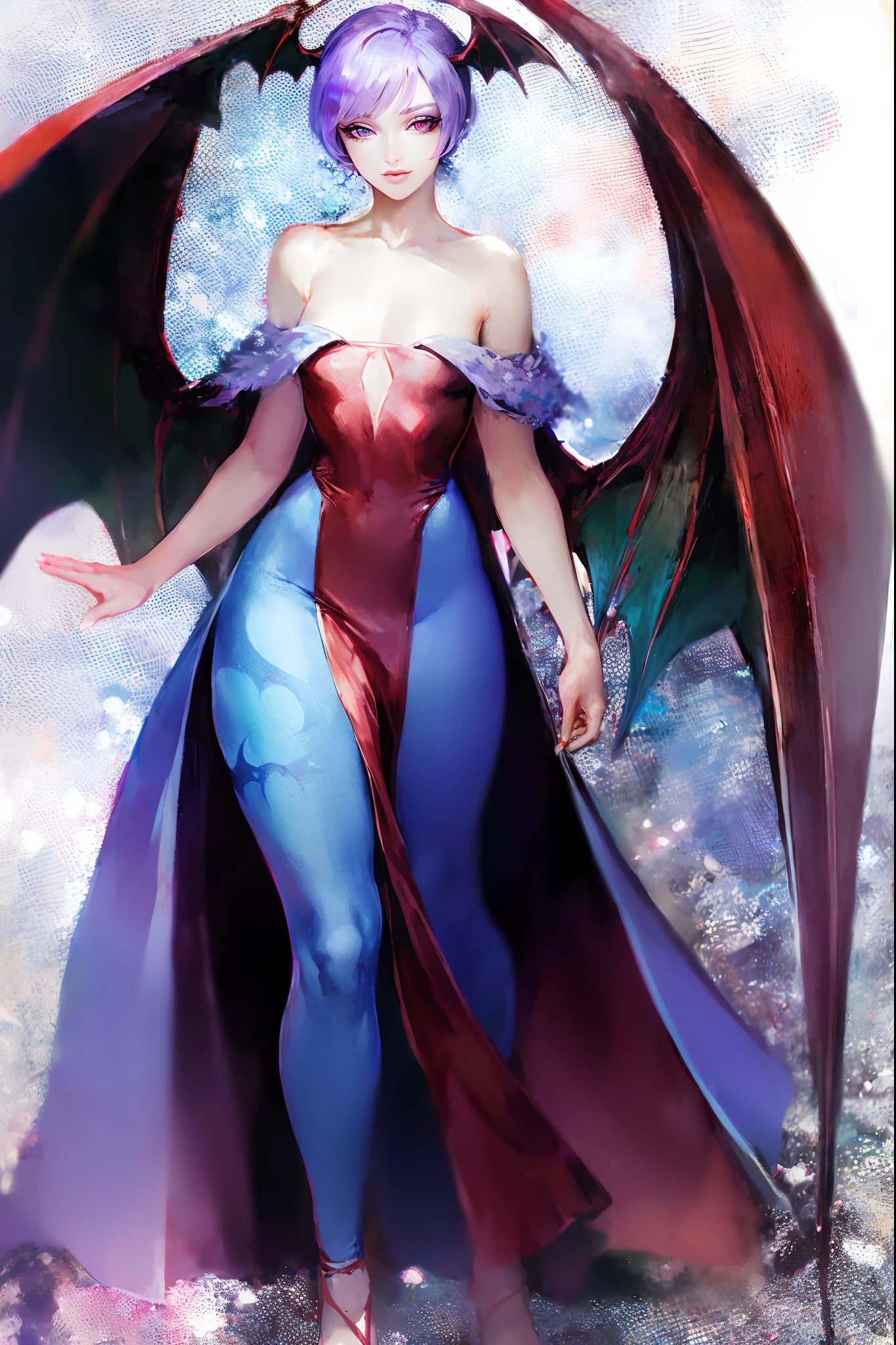 (best quality,masterpiece:1.2),intricate details,beautiful detailed eyes,beautiful detailed lips,extremely detailed eyes and face,longeyelashes,darkstalkers_lilith modeseven,super curvy,comic style,vibrant colors,standing,innocent, full body, standing, smile