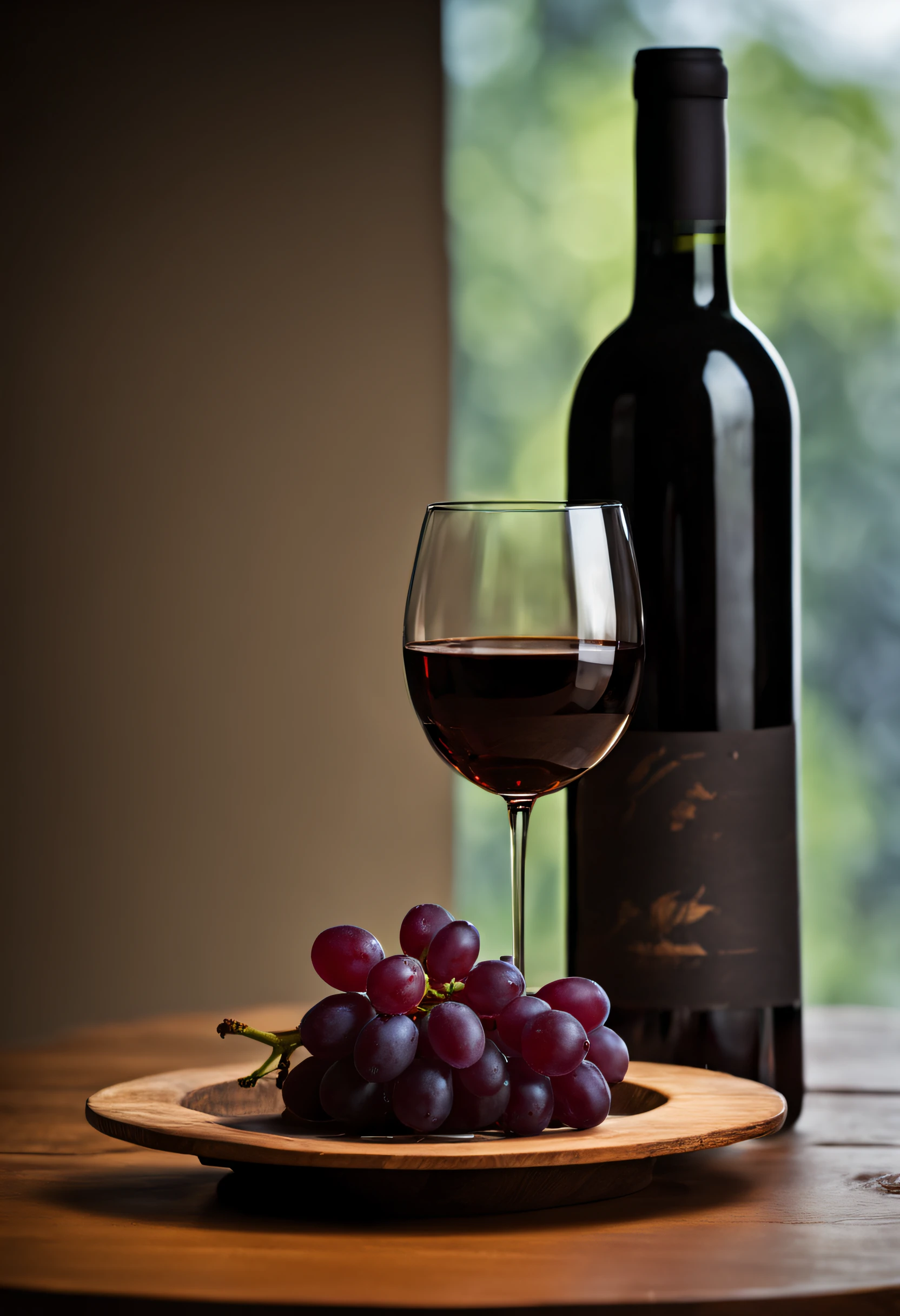 a glass of red wine standing on a wooden table top next to a grape plate (tajemnicze, Captivating) lighting,