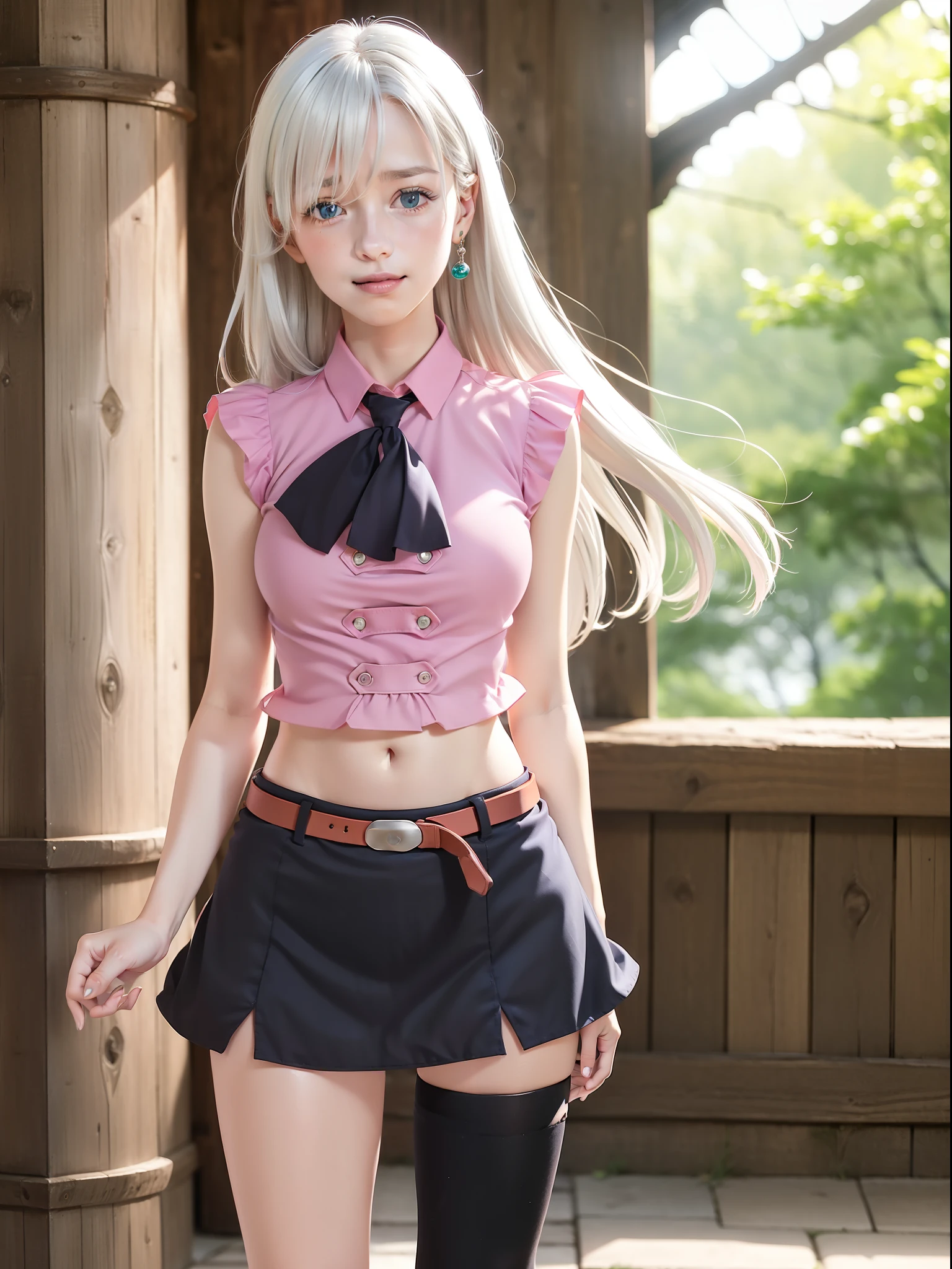 masutepiece, Best Quality, hight resolution, Khmeliza, 1girl in, Jewelry, single thighhigh, Hair over one eye, Midriff, Black skirt, Asymmetrical legwear, ((PINK SHIRT, black thighhighs)), Belt bag, Miniskirt, Standing, Cowboy Shot, (8K、Raw photography、top-quality、​masterpiece:1.2)、(realisitic、Photorealsitic:1.37)、ultra-detailliert、 1 girl in、(((crisp outline、Make the outline thicker)))(((white  hair、palatial palace、Castles、Beautiful background、Sunlight、lensflare、Smile、One eye hides)))blue eyess、