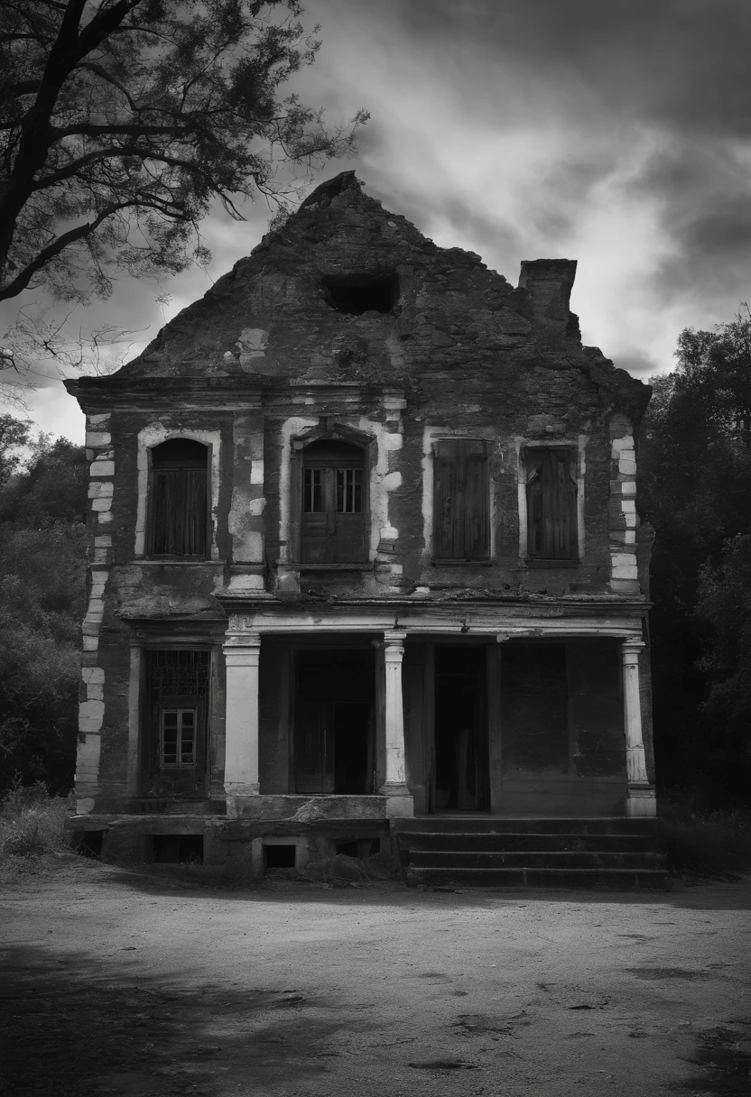 color photo of "uma casa mal cuidada, antiga, abandoned as a ruin, but it's in a city so it's not that old"
pintura descascada e desbotada, telhado parcialmente danificado, janelas quebradas e cobertas de teias de aranha, ervas daninhas crescendo descontroladamente
ruas movimentadas ao redor, carros passando apressados, pessoas indiferentes ao estado da casa, contrasting with its decadence
A sense of abandonment and melancholy permeates the air, A place that was once home, now forgotten and neglected;, An unknown and lost history
Sony A7III camera, filme preto e branco Ilford HP5, lente grande angular 24mm, framing techniques that highlight the details of decay
David Lynch, Darius Khondji, Sally Mann, Rick Owens, Rei Kawakubo, Tim Burton —c 10 —ar 2:3
