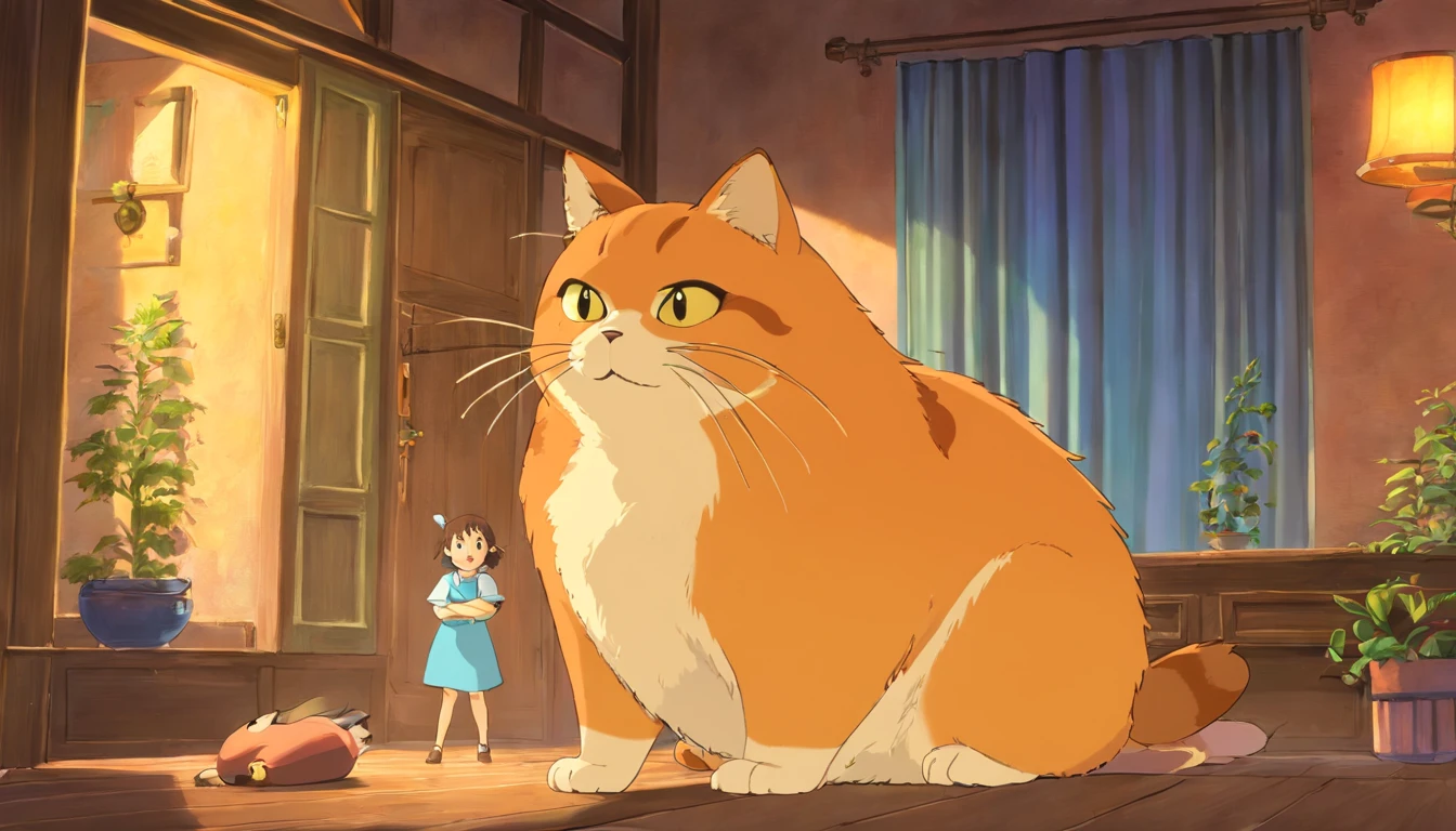 Funny,comic,(frisky),brinquedo,illustration,Altas,cores vibrantes,soft lighting, ((fantasia)),Beautiful,((fantasia)),circunstanciado,4k,master part,ghibli studio, fora de casa com seu gato gordo, carneiros em volta, clima de vila de interior