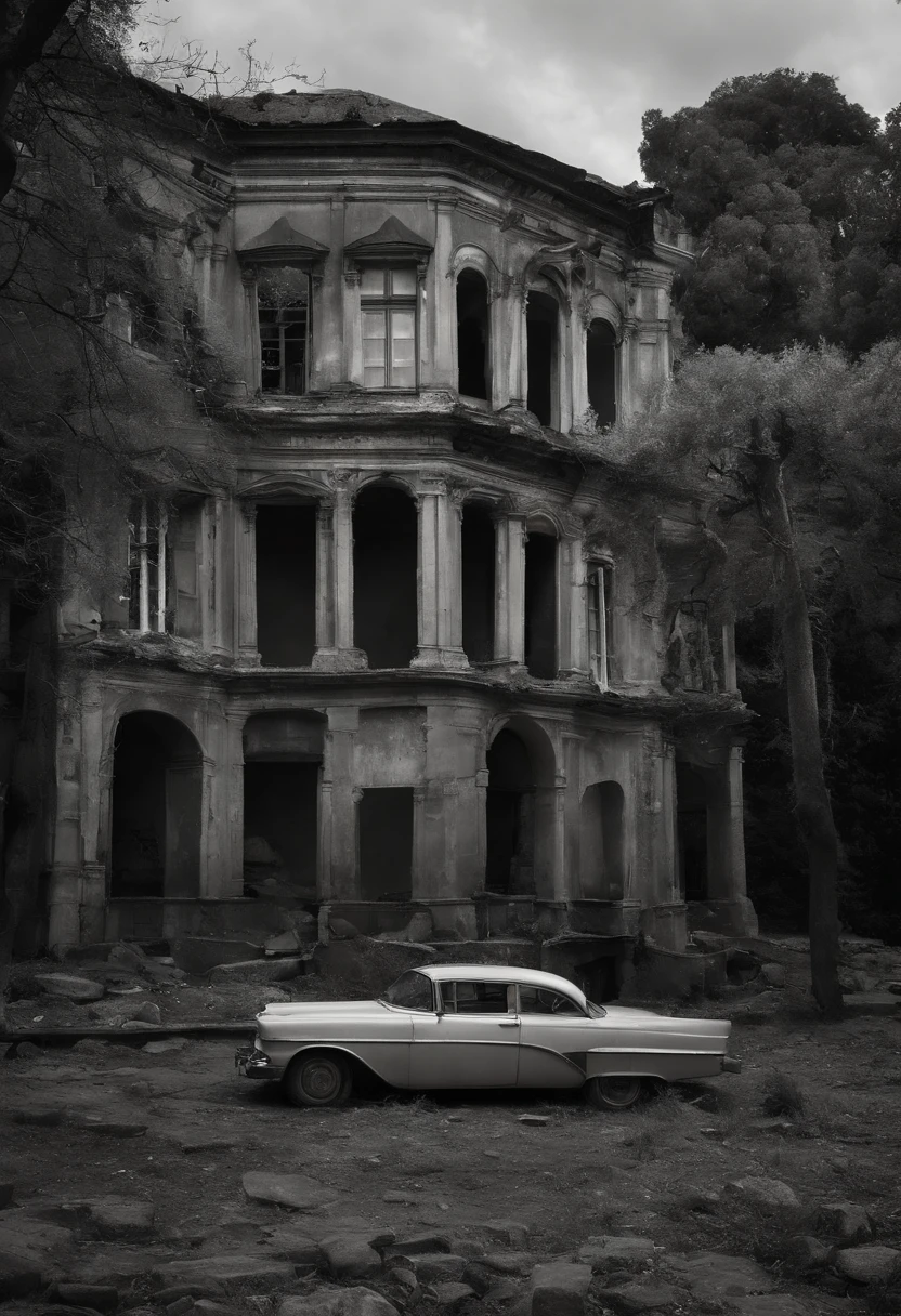 Foto colorida de "uma casa mal cuidada, antiga, abandoned as a ruin, But it's in a city, so it's not that old"

pintura descascada e desbotada, telhado parcialmente danificado, janelas quebradas e cobertas de teias de aranha, ervas daninhas crescendo descontroladamente

ruas movimentadas ao redor, carros passando apressados, pessoas indiferentes ao estado da casa, contrasting with its decadence

A sense of abandonment and melancholy permeates the air, A place that was once home, agora esquecido e negligenciado;, An unknown and lost history

Sony A7III camera, filme preto e branco Ilford HP5, lente grande angular 24mm, framing techniques that highlight the details of decay

David Lynch, Dario Khondji, Sally Mann, Rick Owens, Rei Kawakubo, Tim Burton —c 10 —ar 2:3