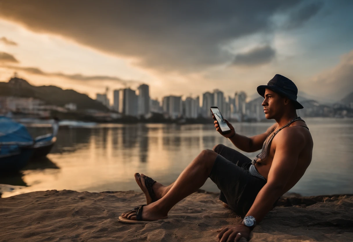 Um homem meia idade no Rio de Janeiro, reflexo, sandals,no sol do rio de janeiro,com um celular na mao e ventilador,deitado numa rede,rosto realista e corpo inteiro com bermuda e tatuagens como se fosse um gangster ,bonnet,hdr,realista,hd,segurando uma frigideira,asfalto derretido no calor na frigideira.