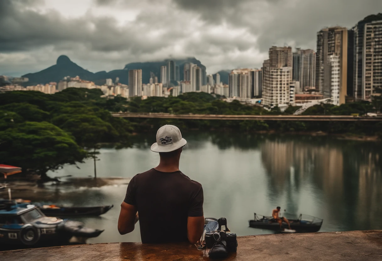 Um homem meia idade no Rio de Janeiro, reflexo, sandals,no sol do rio de janeiro,com um celular na mao e ventilador,deitado numa rede,rosto realista e corpo inteiro com bermuda e tatuagens como se fosse um gangster ,bonnet,hdr,realista,hd,segurando uma frigideira,asfalto derretido no calor na frigideira.