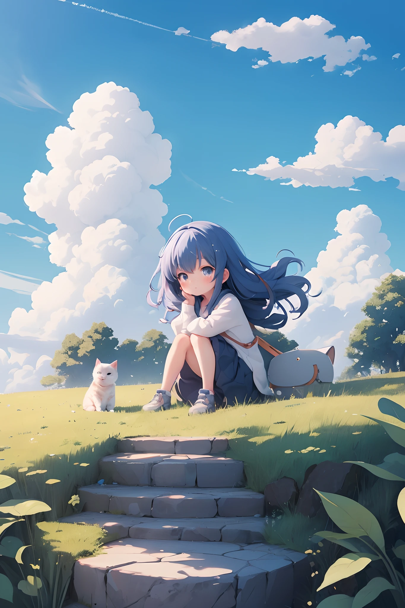 masterpiece,best quality,absurdres,A anime,little girl sitting on the hill looking at sky,chibi,with her hair blowing in clear day,with cat,(blue sky:1.25),sideway glance,young girl,cloud,endless sea,noon,summer,floating hair,cumulus clouds,forest,tree,face focus,cute,