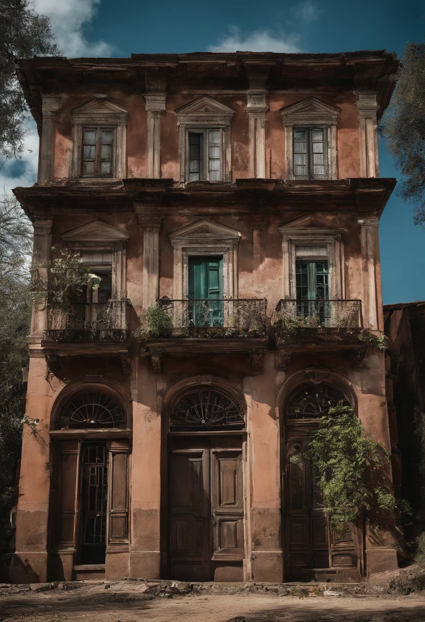 color photo of "uma casa mal cuidada, antiga, abandonada, but it's in a city so it's not that old" pintura descascada e desbotada, telhado parcialmente danificado, janelas quebradas e cobertas de teias de aranha, ervas daninhas crescendo descontroladamente ruas movimentadas ao redor, carros passando apressados, pessoas indiferentes ao estado da casa, Contrasting with its decadence, a sense of abandonment and melancholy permeates the air;, A place that was once home, now forgotten and neglected;, an unknown and lost history Sony A7III camera, filme preto e branco Ilford HP5, lente grande angular 24mm, framing techniques that highlight the details of David Lynch's decadence, Darius Khondji, Sally Mann, Rick Owens, Rei Kawakubo, Tim Burton —c 10 —ar 2:3