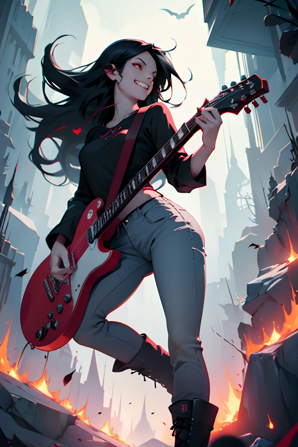 Adventure time, marceline, floating in the air with her red guitar,a young woman, long flowing black hair, grin, pale grey skin, vampire teeth, vampire bite marks on teeth, red eyes, red shirt, jeans, boots, 4k, cinematic lighting, bright popping colors, rock n roll, goth, fun, fantasy, beautiful, daring, stunning