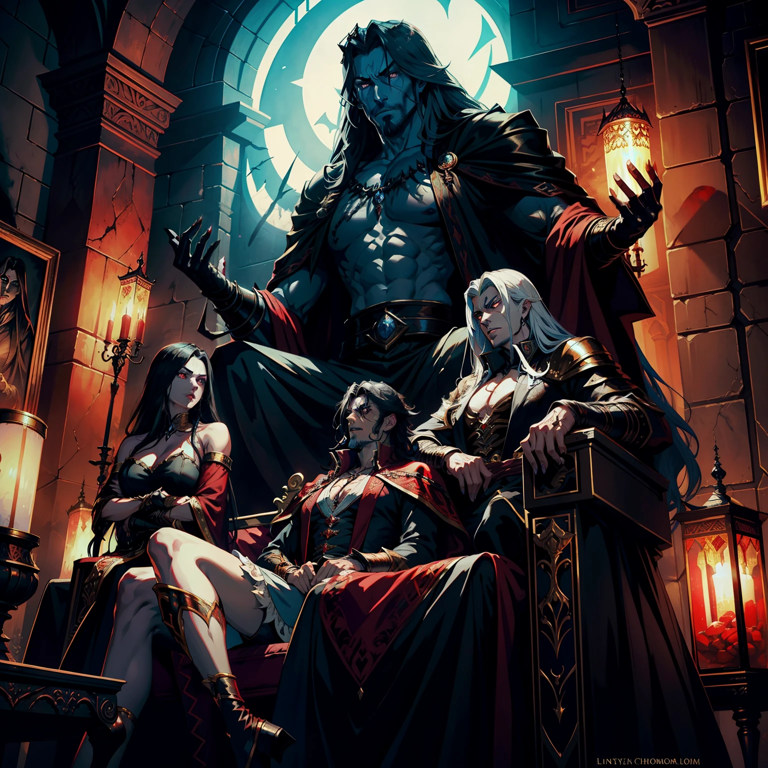 Castlevania Lord of the Shadows muscular hyper realistic super detailed scary Lord Dracula sitting in his great legendary Moroccan throne with very beautiful princesses sitting beside him scene Read large scrolls with a red expression of anger bright eyes hyper realistic face super detailed portrait Dynamic shot centerpiece cinematic scene scenes movie Epic Legendary