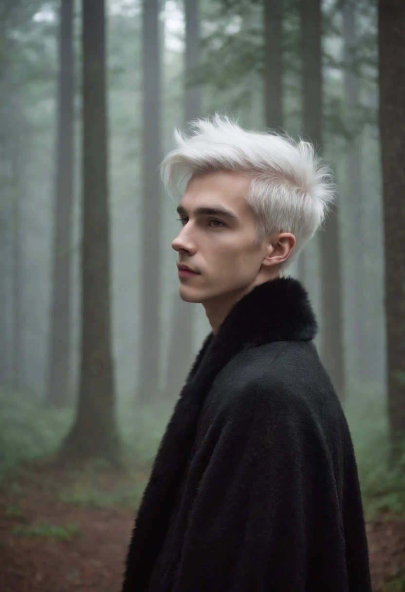 Young man, 20 years old, white hair, two block haircut , shirtless wearing a black fur coat, standing in the forest at night, portrait, magical light, surrounded by fog
