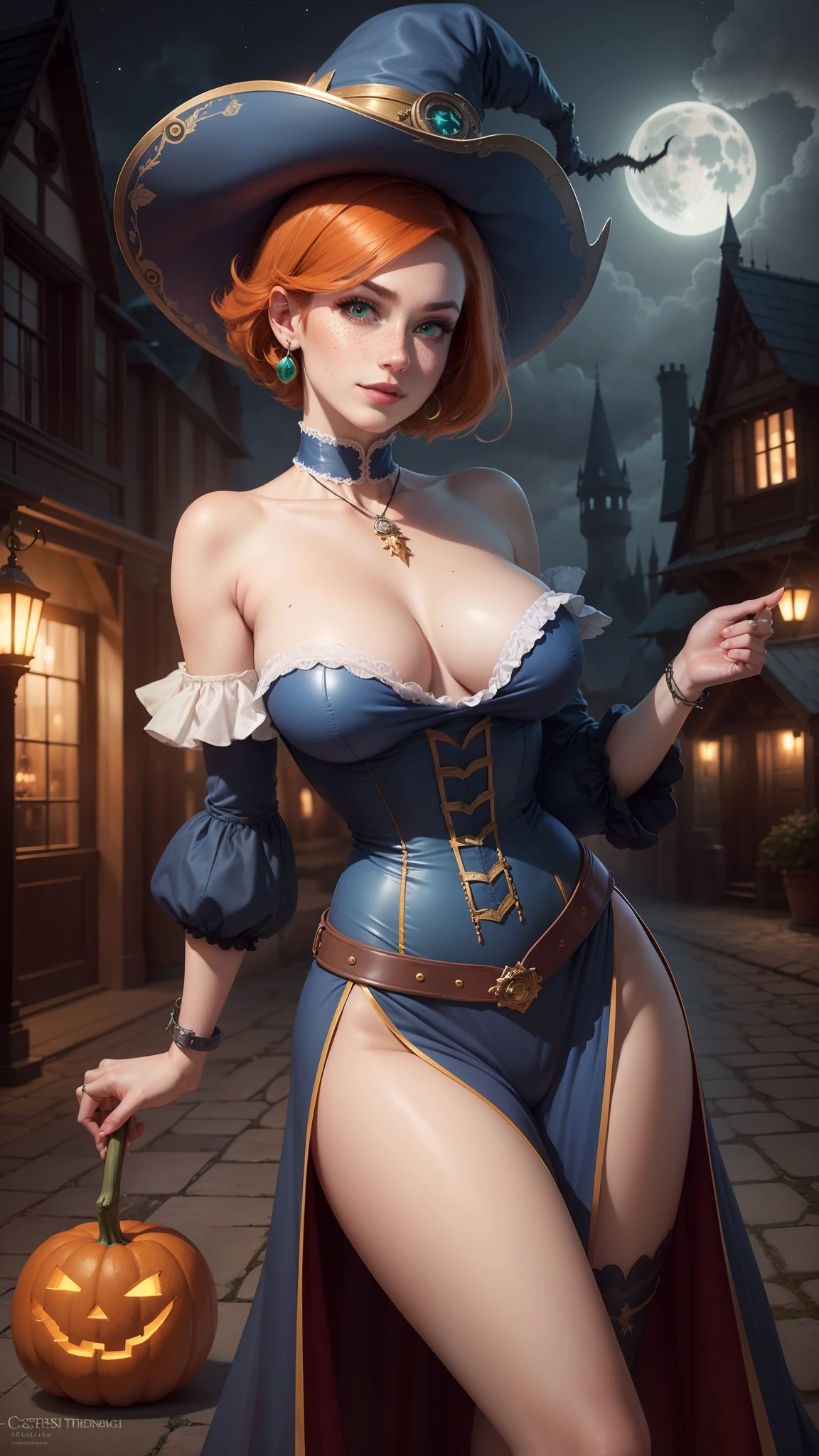 gwen tennyson,tracer,bulma,rebecca chambers,close up,castlevania,magic spells,magic stars,flying on a broom,solo girl,blue jumpsuit,moonlight,victorian steampunk skirt,pirate corset,jade neck jewelry,blue witch hat,short hair,cresent moon earrings,night gown,pumpkin village,witch castle,gothic makeup, green eyes,orange hair,shy smile, freckles,redhead,beautiful girl,large breasts,ultra detailed,realistic,fantasy art,