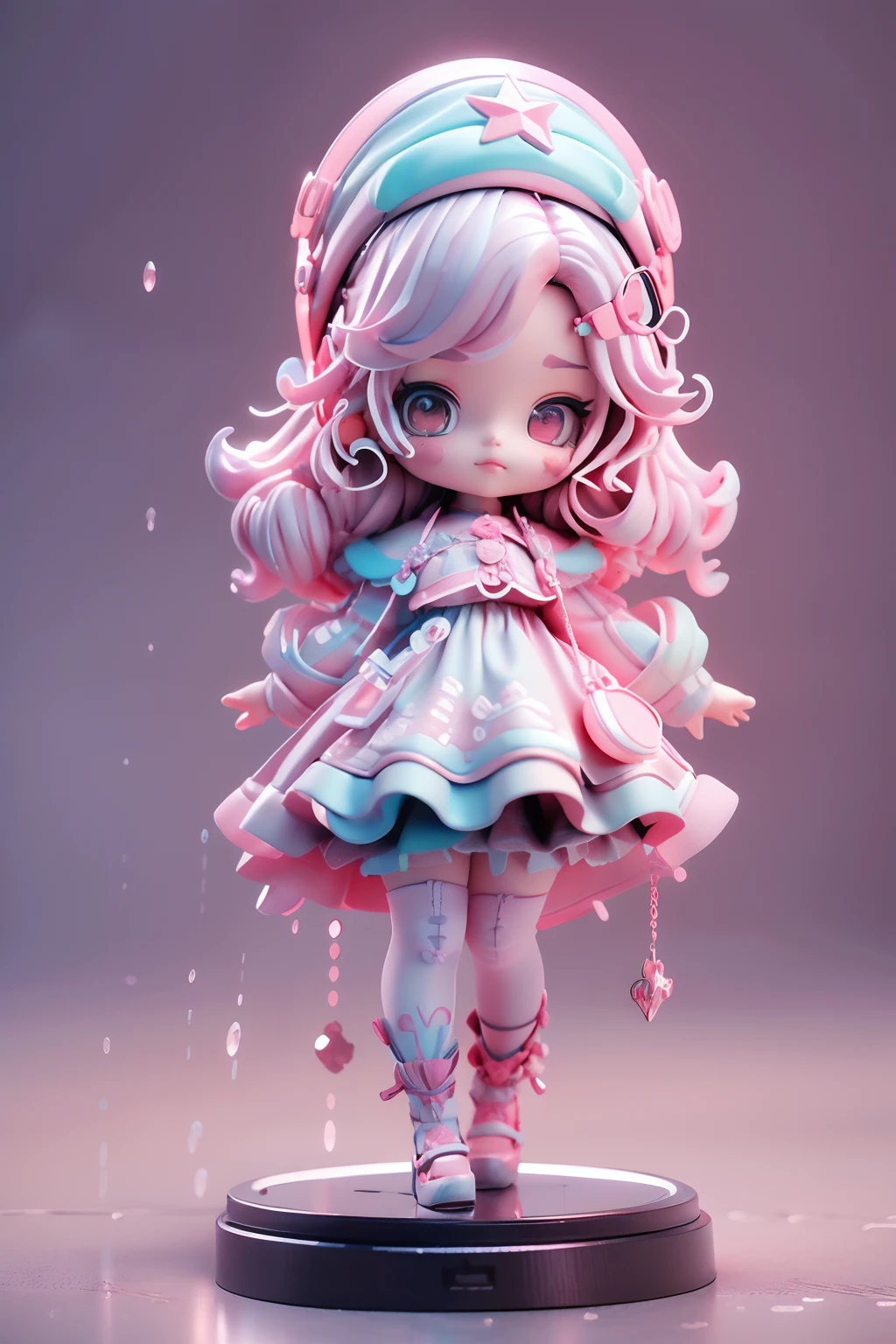 A girl with wavy pink hair，Wearing a Lolita dress，Star jewelry，Delicate face，Lolita style，（tmasterpiece，Best quality），3D blind box doll，Pastel tones，Light，high detailed official artwork，Beautiful anime art, Anime fantasy illustration