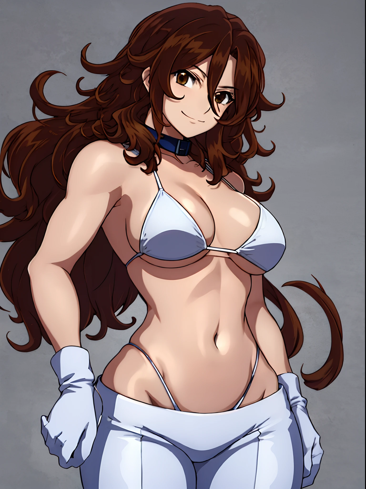 cowboy shot, upper body view, anime style: 1.8, anime drawing, ultra detailed face, ultra detailed body, 8k, Sumergai Lee Noriega, (standing), best quality, anime style, hires, highest definition, digital blending, bold drawing lines, ((slender body, ), (weak body, slender body, broad shoulders, flexing), ((white micro bikini top, long pants,white gloves, collar)), victorious, winner, smile, , (big breasts), (big eyes, brown eyes), (warming up), (brown hair, loose hair, curly hair, wavy hair, long hair,), ,