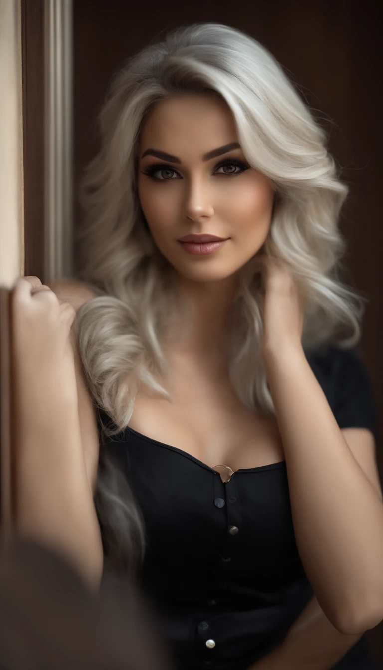 Professional, (4K photos:1.1) in door (Jeremy Lipking:0.3), (Diet Man Anna:0.3), (Arian mark:0.3), (Sharp Focus:1.3), high detailing, Wearing (Low top shirt:1.2), beautifull detailed face, Brown Eyes, Long Blonde Hair, (attractive young woman:1.3), (Seductive:1.1), (Blushing:1.1), Hourglass Body Type, great circle, Wide buttock, Blonde goddess, Tight costumes, tight outfit, seducting smile, Pretty Face, perfect gray hair girl, Satisfying Pose, cute seductive smile, with black hair, Good, beautiful angle, Engaging pose, Cute Girl, Sexy Pose, Gorgeous black hair, fully body photo, full body Esbian, full body shot  of, Wear a black skirt and boots