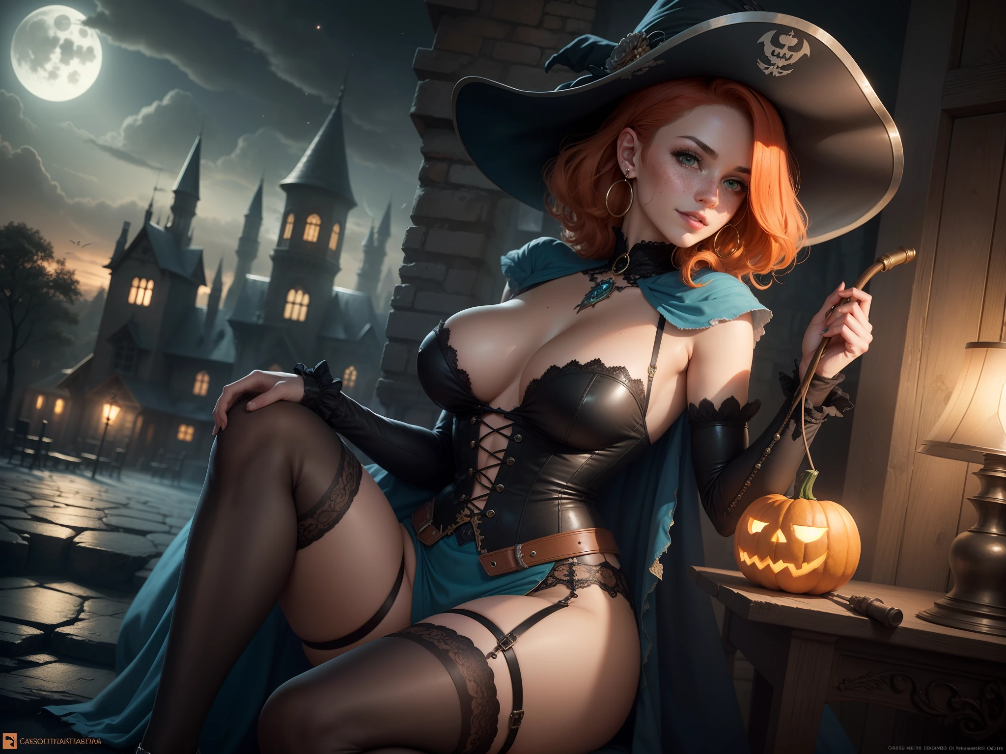 gwen tennyson,tracer,bulma,rebecca chambers,close up,castlevania,magic spells,magic stars,flying on a broom,solo girl,blue jumpsuit,moonlight,victorian steampunk skirt,pirate corset,jade neck jewelry,blue witch hat,short hair,cresent moon earrings,night gown,garter belt, pumpkin village,witch castle,gothic makeup,green eyes,orange hair,shy smile, freckles,redhead,beautiful girl, large breasts,ultra detailed,realistic, fantasy art,