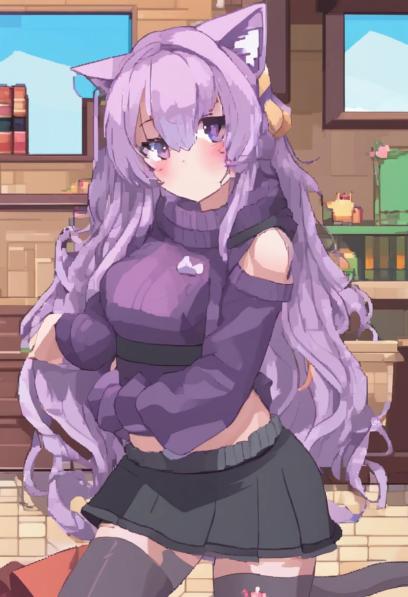 Masterpiece, Best quality, 1girll, ((view the viewer)), Lilac hair, Purple eyes, Long hair, ahoge, Sweater, Sweater skirts, Pantyhose, 163cm, hair between eye, Large breasts, Adult, 33 years old, mature, Glasses, Solo, sole, Smile, Cat ears, Cat tail, Fang, cat woman, Animal ears