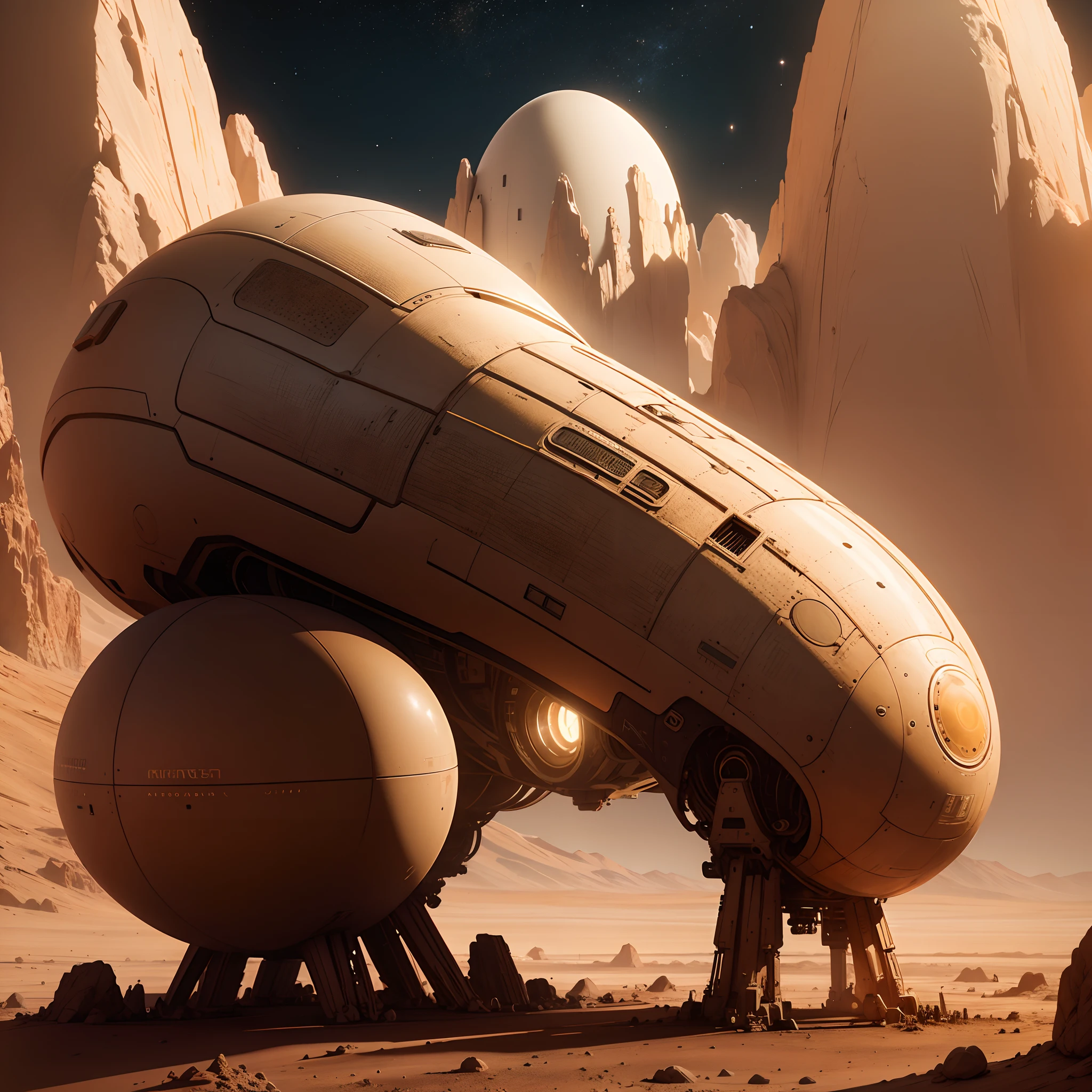 Modern spaceshio on a mars ,alien, 8k, micro detail, illustration,
