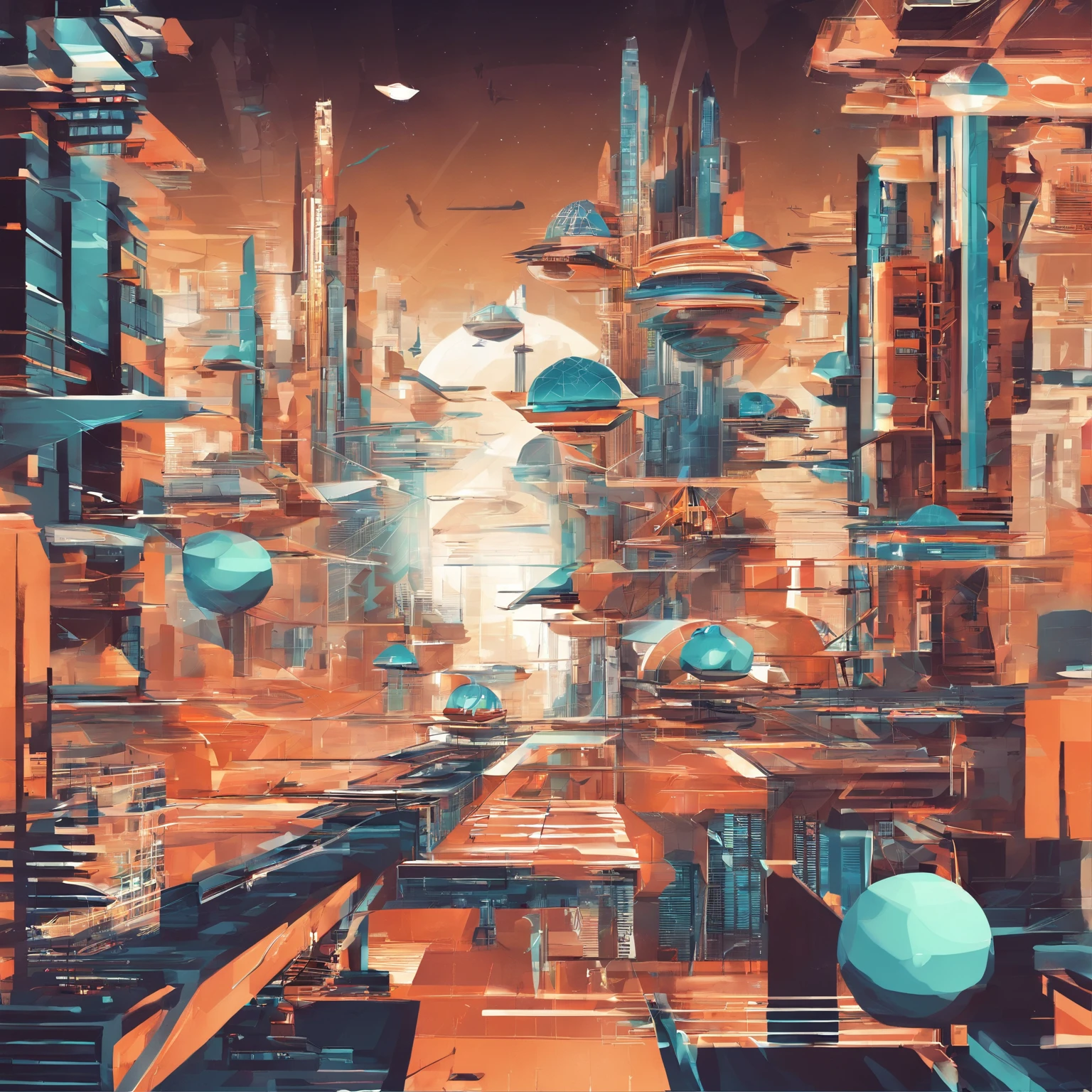 Create futuristic transcendentalist works of art, Imagine a floating city in the sky, The building structure is complex,Technologically advanced. Depict this futuristic city in rich detail, Capture bright lights, Suspended platforms and crisscrossing aircraft.