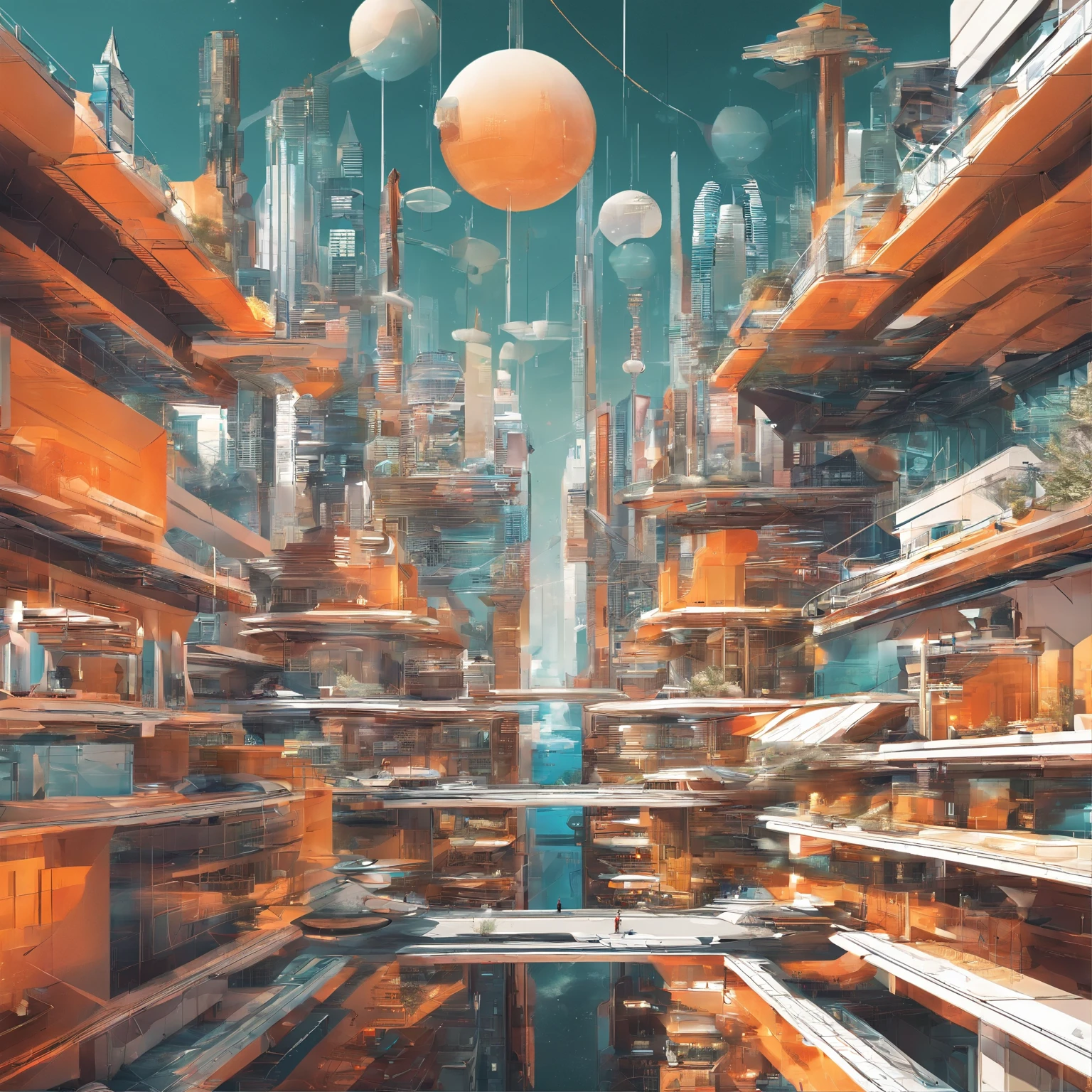 Create futuristic transcendentalist works of art, Imagine a floating city in the sky, The building structure is complex，Technologically advanced. Depict this futuristic city in rich detail, Capture bright lights, Suspended platforms and crisscrossing aircraft.