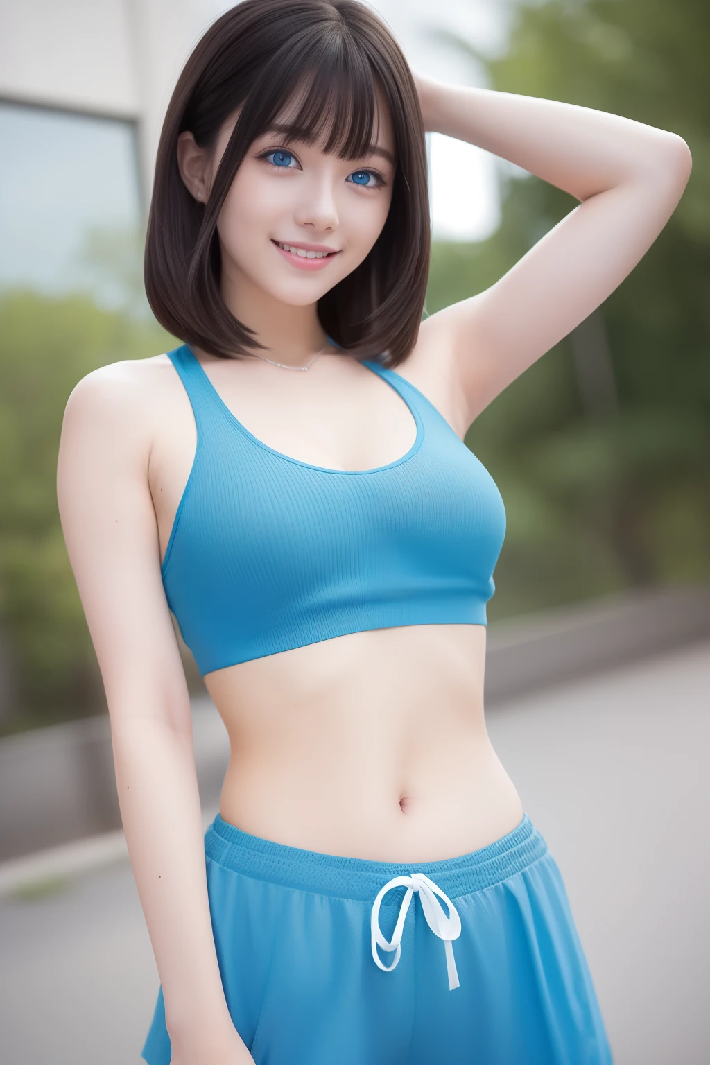 (masterpiece,top-quality,超A high resolution),A Japanese Lady, (((Very beautiful 12 year old girl))), Kawaii Girl、View photographer、Front view, ((Shorthair)), hyper cute face, Glossy lips, Double eyelids in both eyes,Smiling smile、 Natural makeup, long eyelashes, Glossy and smooth hair quality、central image, Perfect limbs, Perfect ???????,(((Sports bra and denim shorts)))、(((Wet and see-through with sweat)))Full body reflection,Show the armpits,