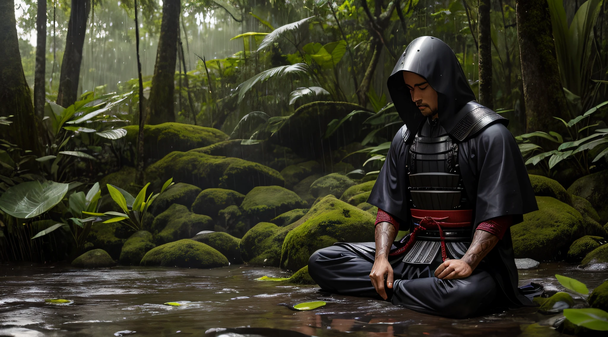 Este Chuviscando, raindrops splash on the leaves and ground, e no homem meditando, He is a powerful samurai, is meditating in the middle of a forest in the Amazon, with its terrible, armadura negra assustadora, detalhado, perfeita e convidativa imagem, esta nublado e chovendo, The rain does not disturb the concentration of the samurai, Este Chuviscando, detalhado, perfeita e convidativa imagem