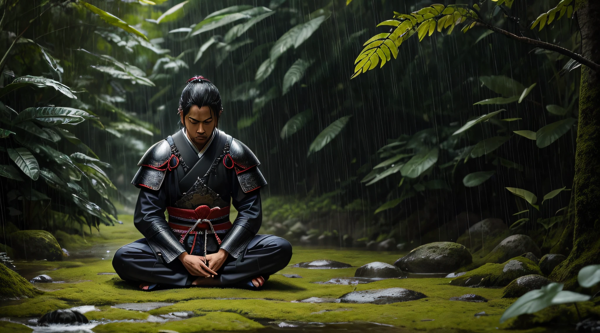 esta chuviscando, raindrops splash on the leaves and ground, e no homem meditando, He is a powerful samurai, is meditating in the middle of a forest in the Amazon, with his terrible, frightening black armor, detalhado, perfeita e convidativa imagem, esta nublado e chovendo, The rain does not disturb the samurai's concentration, esta chuviscando, detalhado, perfeita e convidativa imagem