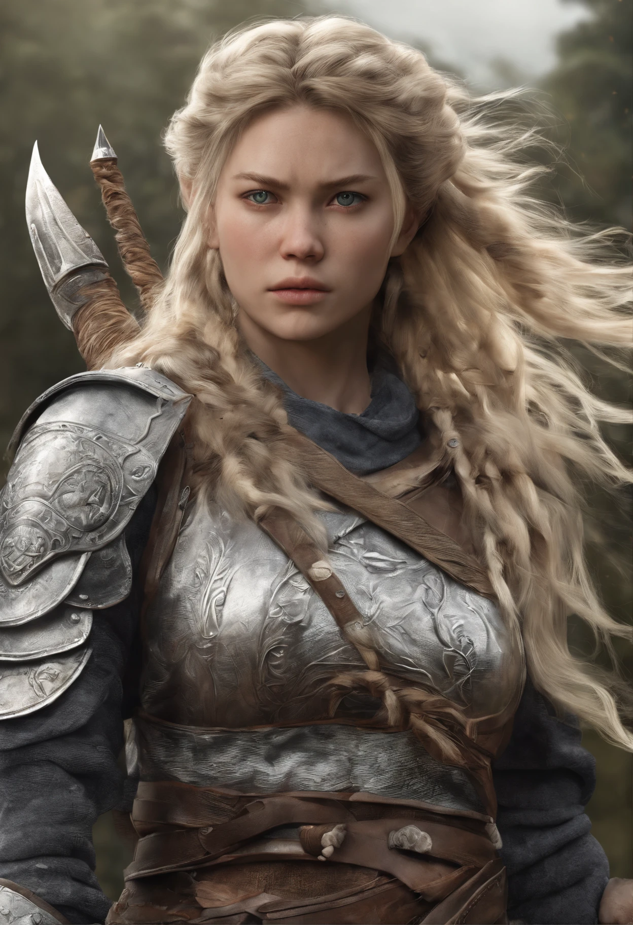 Best quality, masterpiece, ultra high res, (photorealistic: 1.4), xiuxian, weapon, detailed face, 1girl, solo, weapon, cleavage, (magic circle: 1.2), xiuxian, upper body, full body. Create an image depicting Lagertha in the midst of a fierce battle, showcasing her incredible prowess and fearlessness as a warrior.