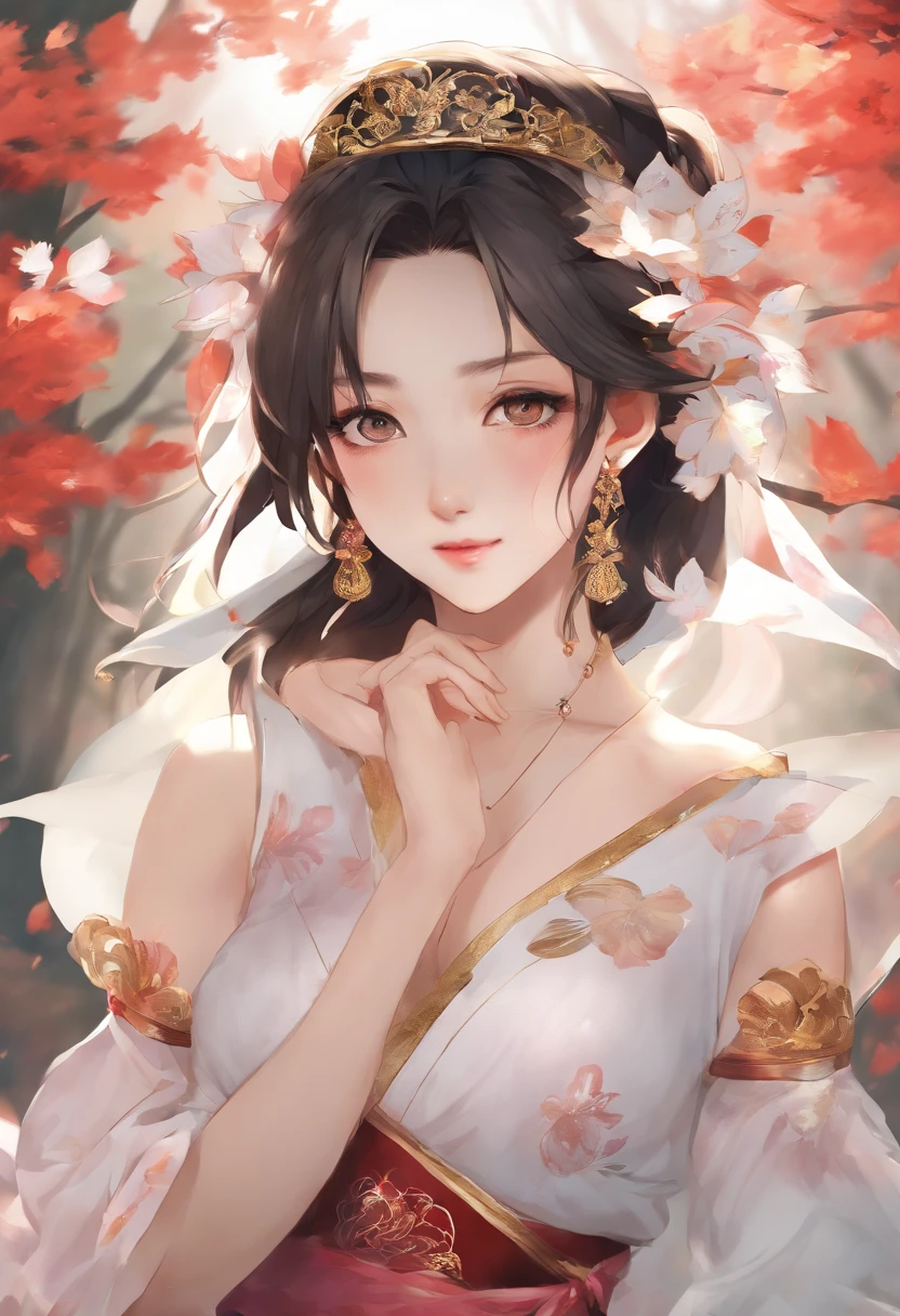 Best Quality, masutepiece, Ultra High Resolution, (Realistic: 1.4), xiuxian, Smiling, Shy, nabel, Delicate Makeup, Gorgeous Jewelry, Horse Face Dress, Detail Face,, 1 girl, White clothes, lotus print, maple leaf print, Solo, arma, (Magic Circle: 1.2), xiuxian, Upper body, Beautiful Girl, A half body, East Asian Architecture, scabbard, built,