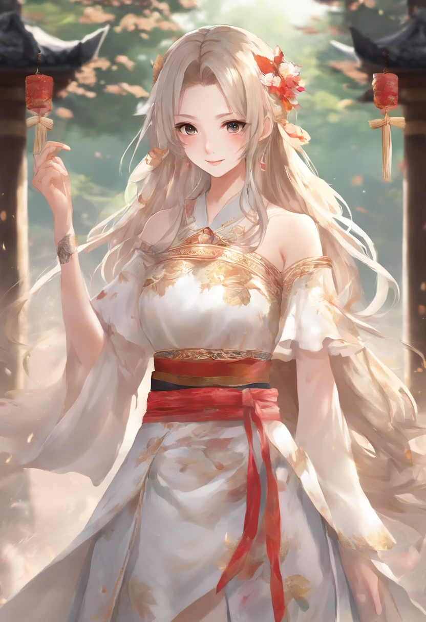 Best Quality, masutepiece, Ultra High Resolution, (Realistic: 1.4), xiuxian, Smiling, Shy, nabel, Delicate Makeup, Gorgeous Jewelry, Horse Face Dress, Detail Face,, 1 girl, White clothes, lotus print, maple leaf print, Solo, arma, (Magic Circle: 1.2), xiuxian, Upper body, Beautiful Girl, A half body, East Asian Architecture, scabbard, built,