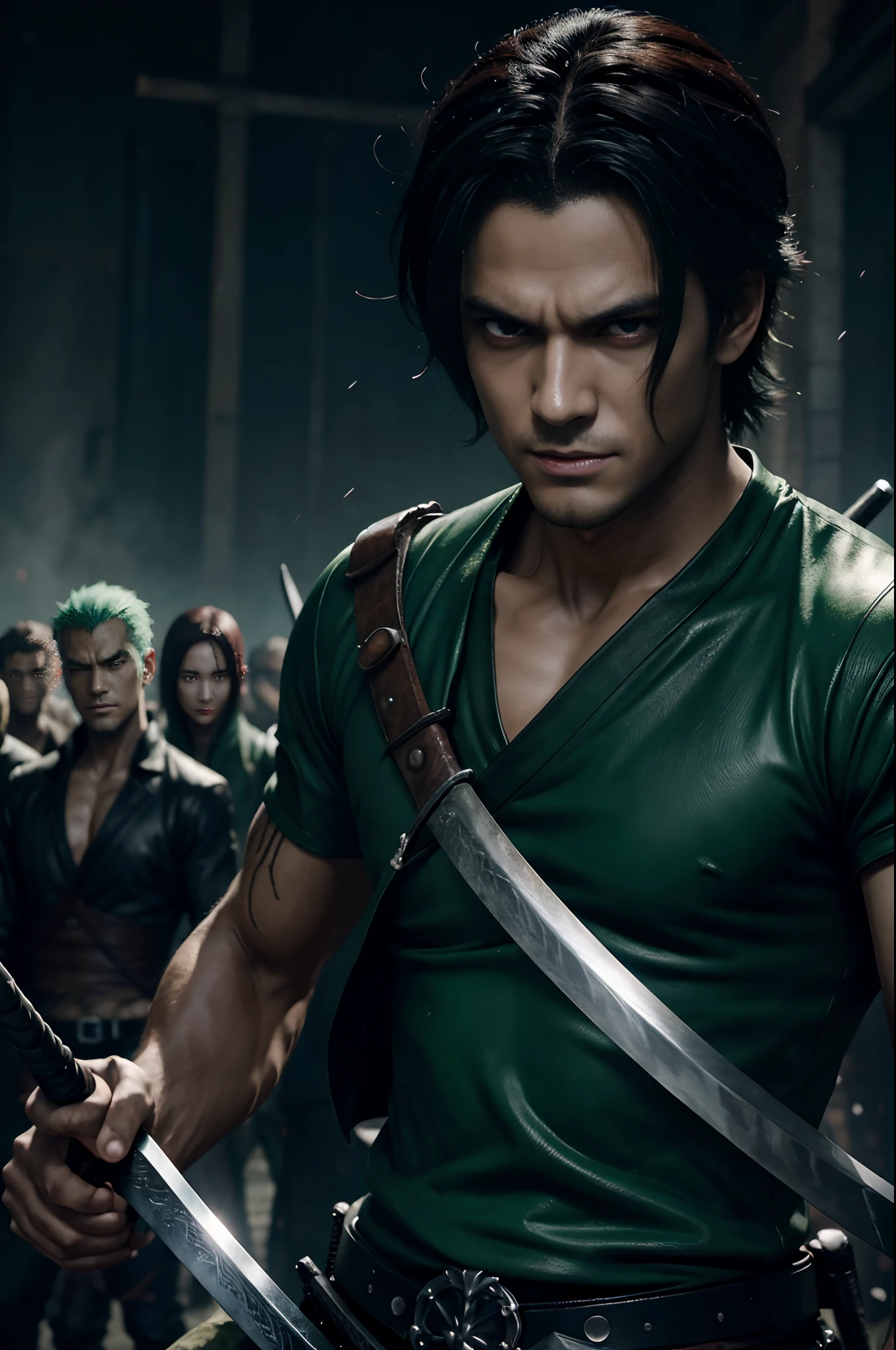 a close up of a person holding a sword in front of a bunch of zombies, roronoa zoro, badass anime 8 k, 4 k manga wallpaper, best anime 4k konachan wallpaper, anime epic artwork, handsome guy in demon slayer art, demon slayer artstyle, anime art wallpaper 4k, anime art wallpaper 4 k, anime wallpaper 4k