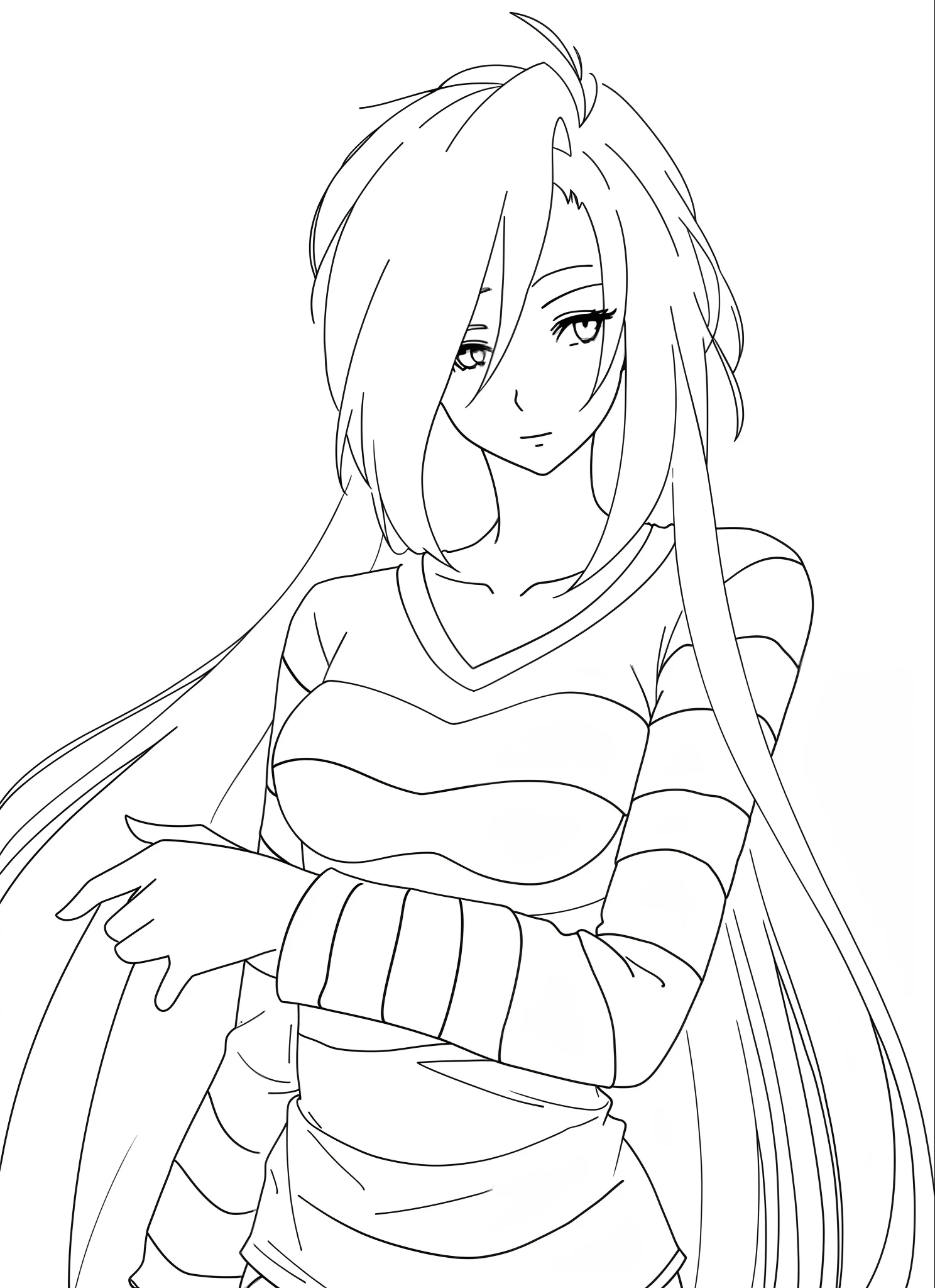 a drawing of a woman with long hair and a striped shirt, simple lineart, thick black lineart, clean anime outlines, thick lineart, clean lineart, thick line art, line art!!, bold lineart, simple line art, perfect lineart, lineart, intense line art, anime girl with long hair, with out shading, heavy outlines