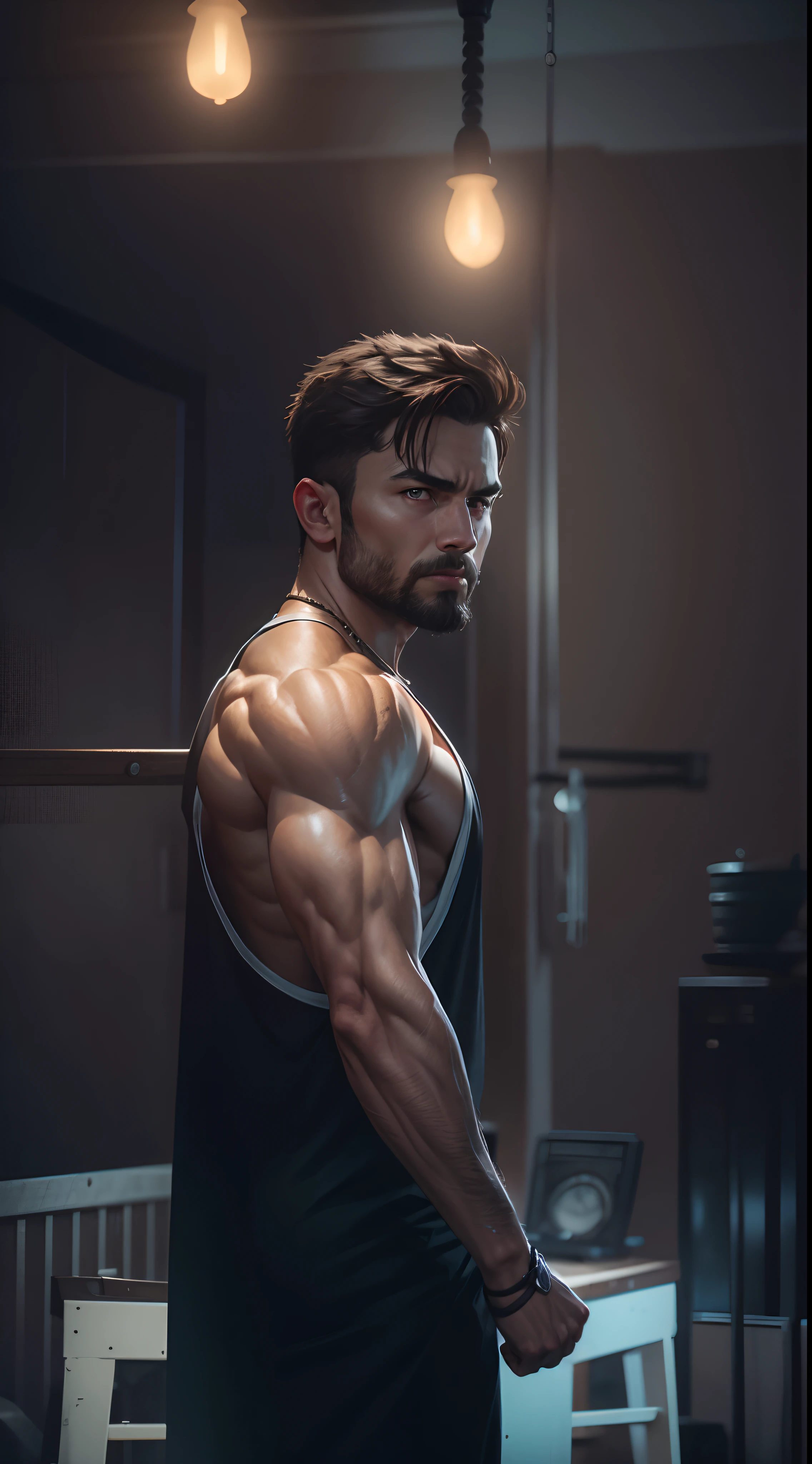 Realistic face and cinematic look with muscular body