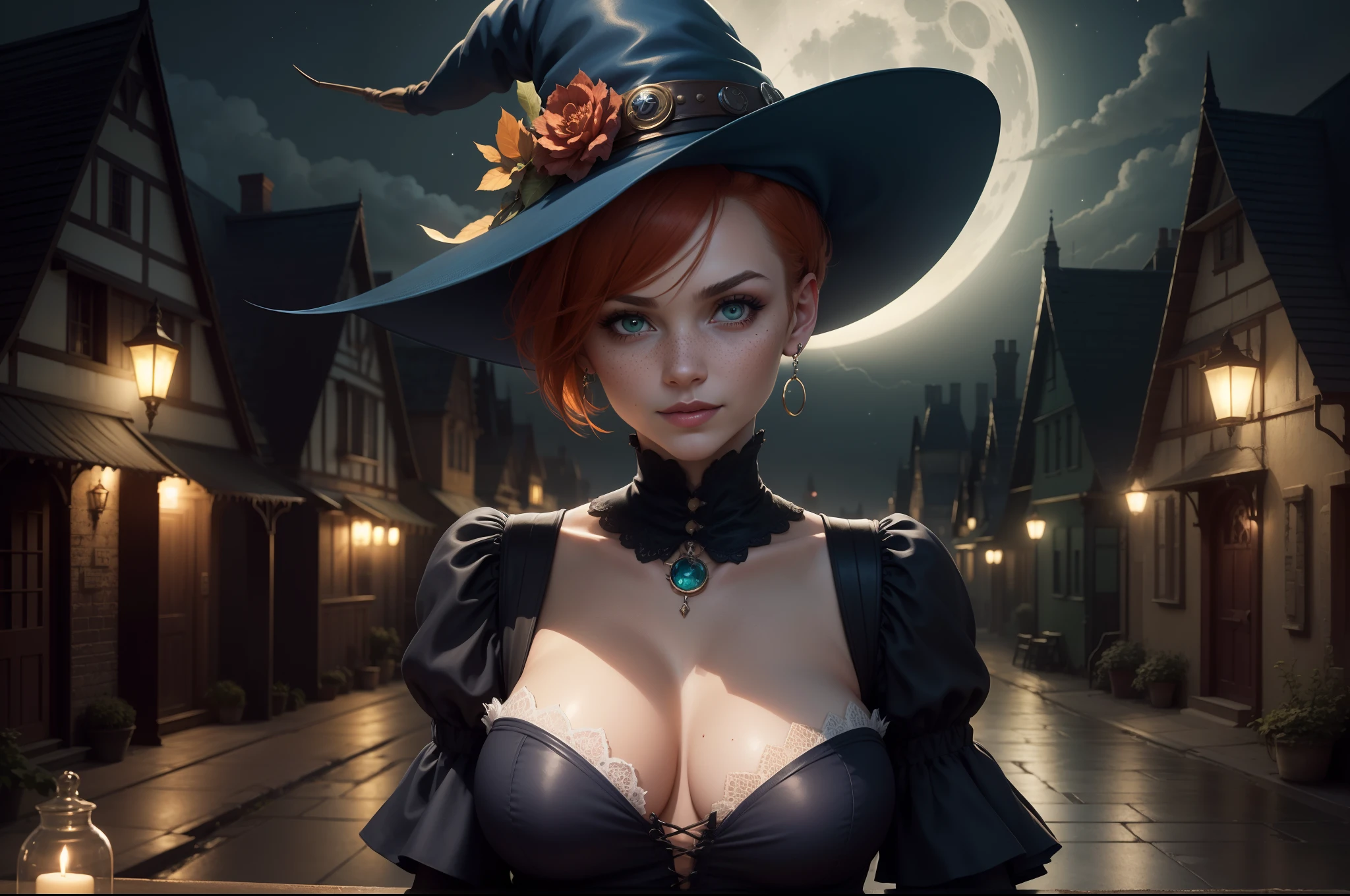 gwen tennyson,tracer,bulma,rebecca chambers,close up,castlevania,magic spells,magic stars,flying on a broom, 1girl,blue jumpsuit,moonlight,victorian steampunk skirt,pirate corset,jade neck jewelry,blue witch hat,short hair,cresent moon earrings,night gown,garter belt, pumpkin village,witch castle,gothic makeup,green eyes,orange hair,shy smile, freckles,redhead,beautiful girl, large breasts,ultra detailed,realistic, fantasy art,