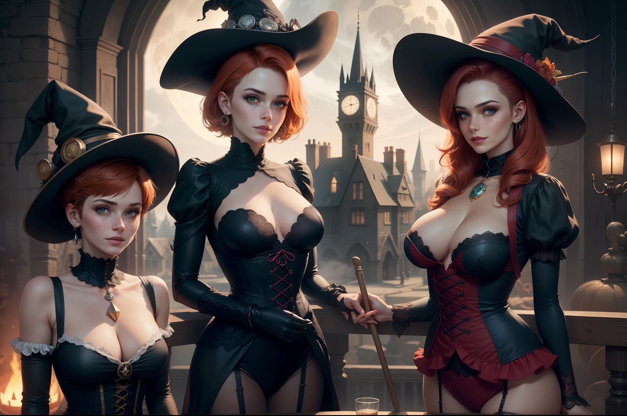 gwen tennyson,tracer,bulma,rebecca chambers,close up,castlevania,magic spells,magic stars,flying on a broom, 1girl,blue jumpsuit,moonlight,victorian steampunk skirt,pirate corset,jade neck jewelry,blue witch hat,short hair,cresent moon earrings,night gown,garter belt, pumpkin village,witch castle,gothic makeup,green eyes,orange hair,shy smile, freckles,redhead,beautiful girl, large breasts,ultra detailed,realistic, fantasy art,