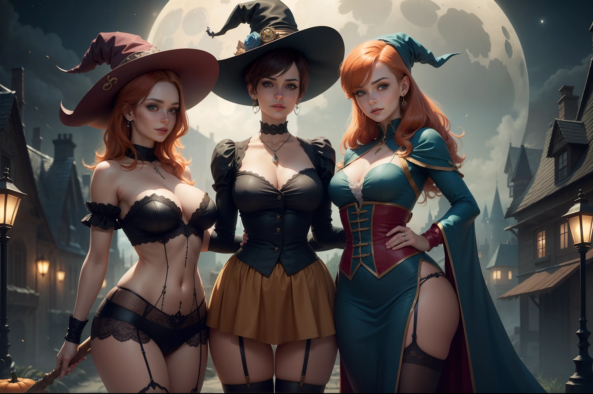 gwen tennyson,tracer,bulma,rebecca chambers,close up,castlevania,magic spells,magic stars,flying on a broom, 1girl,blue jumpsuit,moonlight,victorian steampunk skirt,pirate corset,jade neck jewelry,blue witch hat,short hair,cresent moon earrings,night gown,garter belt, pumpkin village,witch castle,gothic makeup,green eyes,orange hair,shy smile, freckles,redhead,beautiful girl, large breasts,ultra detailed,realistic, fantasy art,
