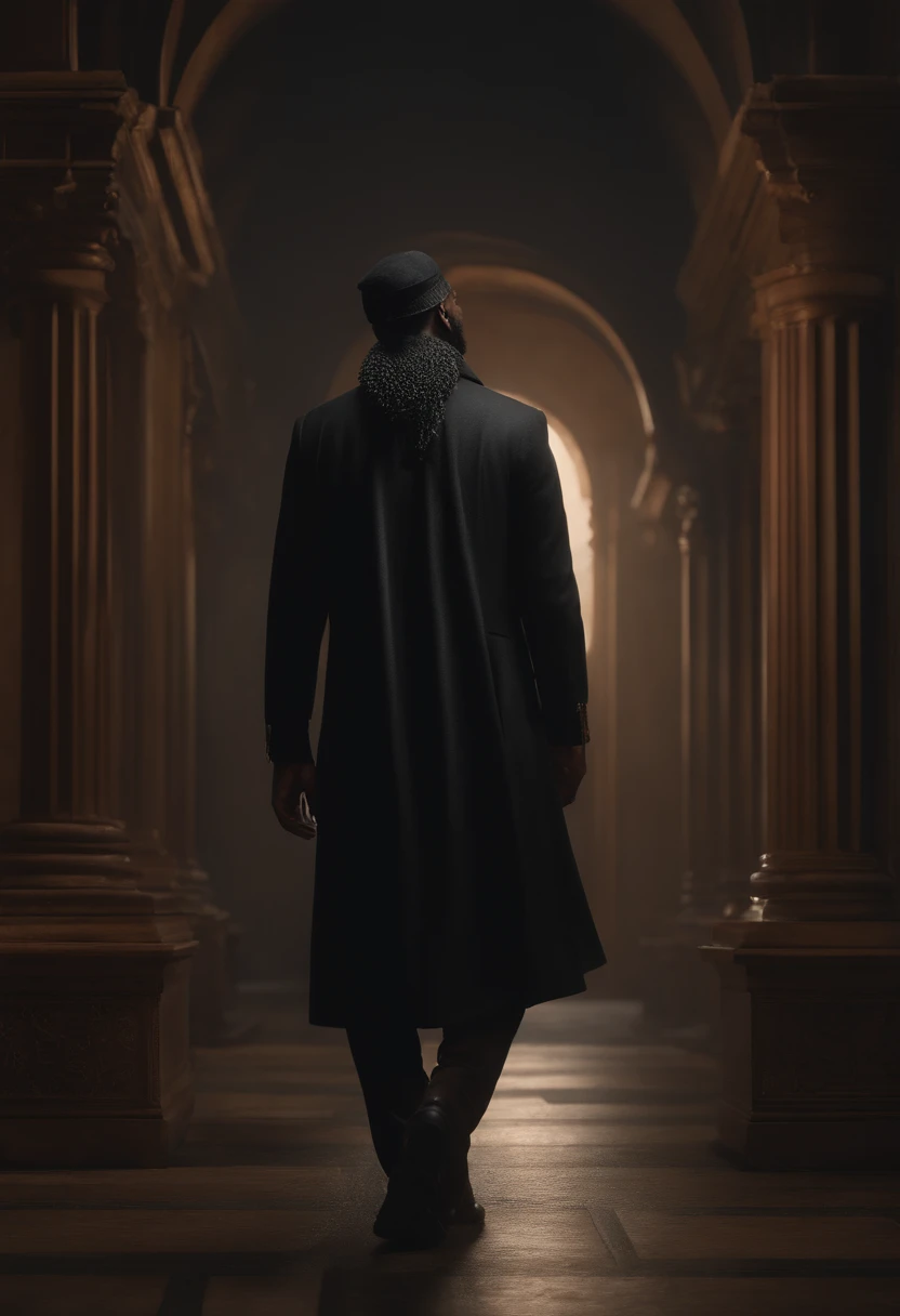 black man, 21 years old, beard, long hair, black clothes, black woolen hat, sly, trickster, perfect composition, beautiful detailed intricate insanely detailed octane render trending on artstation, 8 k artistic photography, photorealistic concept art, soft natural volumetric cinematic perfect light, chiaroscuro, award - winning photograph, masterpiece, oil on canvas, raphael, caravaggio, greg rutkowski, beeple, beksinski, giger