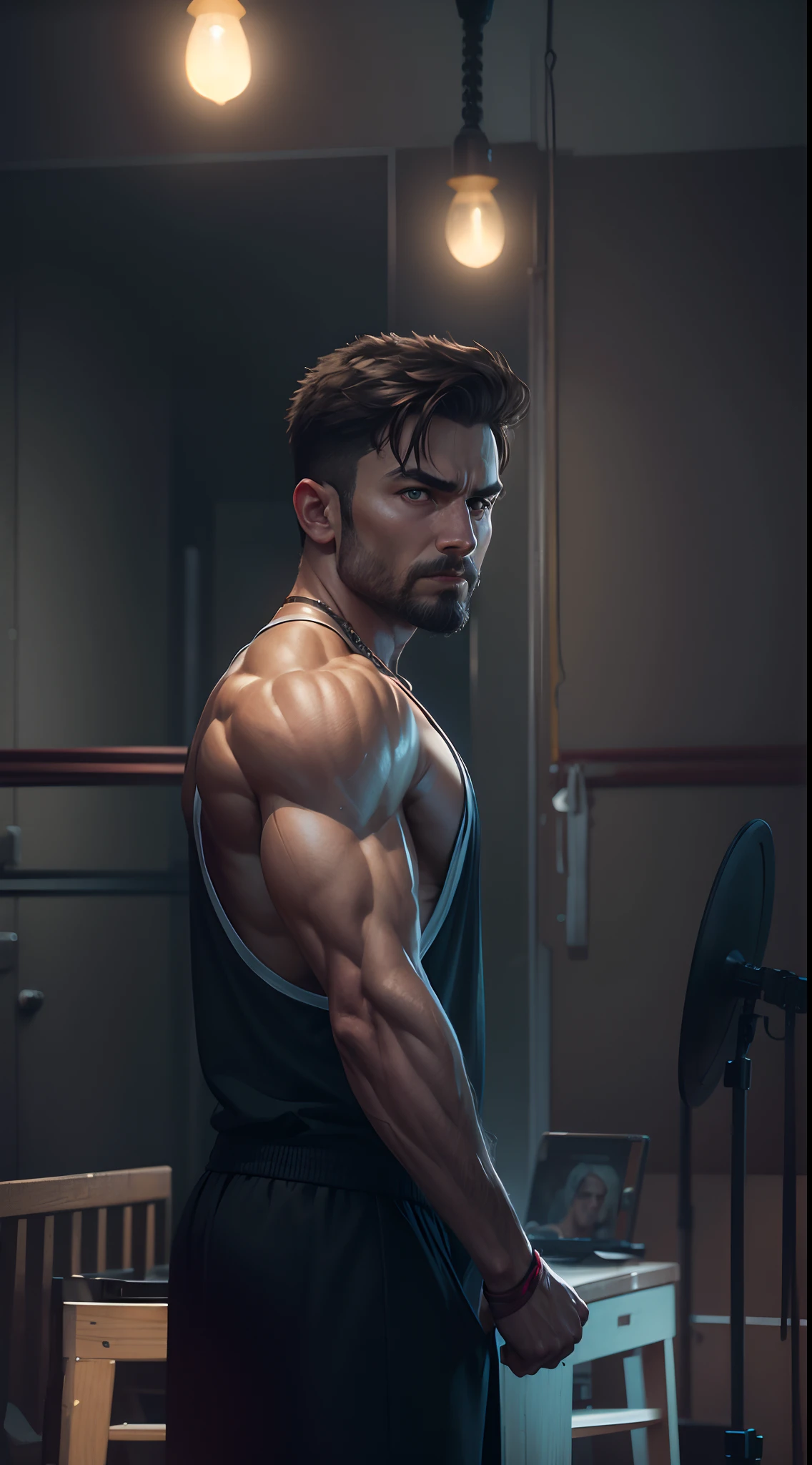 Realistic face and cinematic look with muscular body