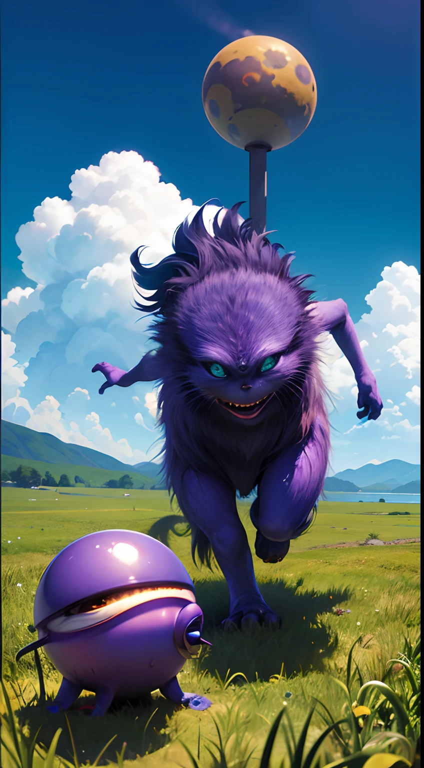 (ultra-detailed, highres, best quality, realistic, vivid colors), cute one eyed alien, minions, running around, gather with friends, green blue and purple, sitting in a classic char, enjoying view, extraterrestrial being, photography , on terrain, nebulae sky, ((best shadow)), best quality