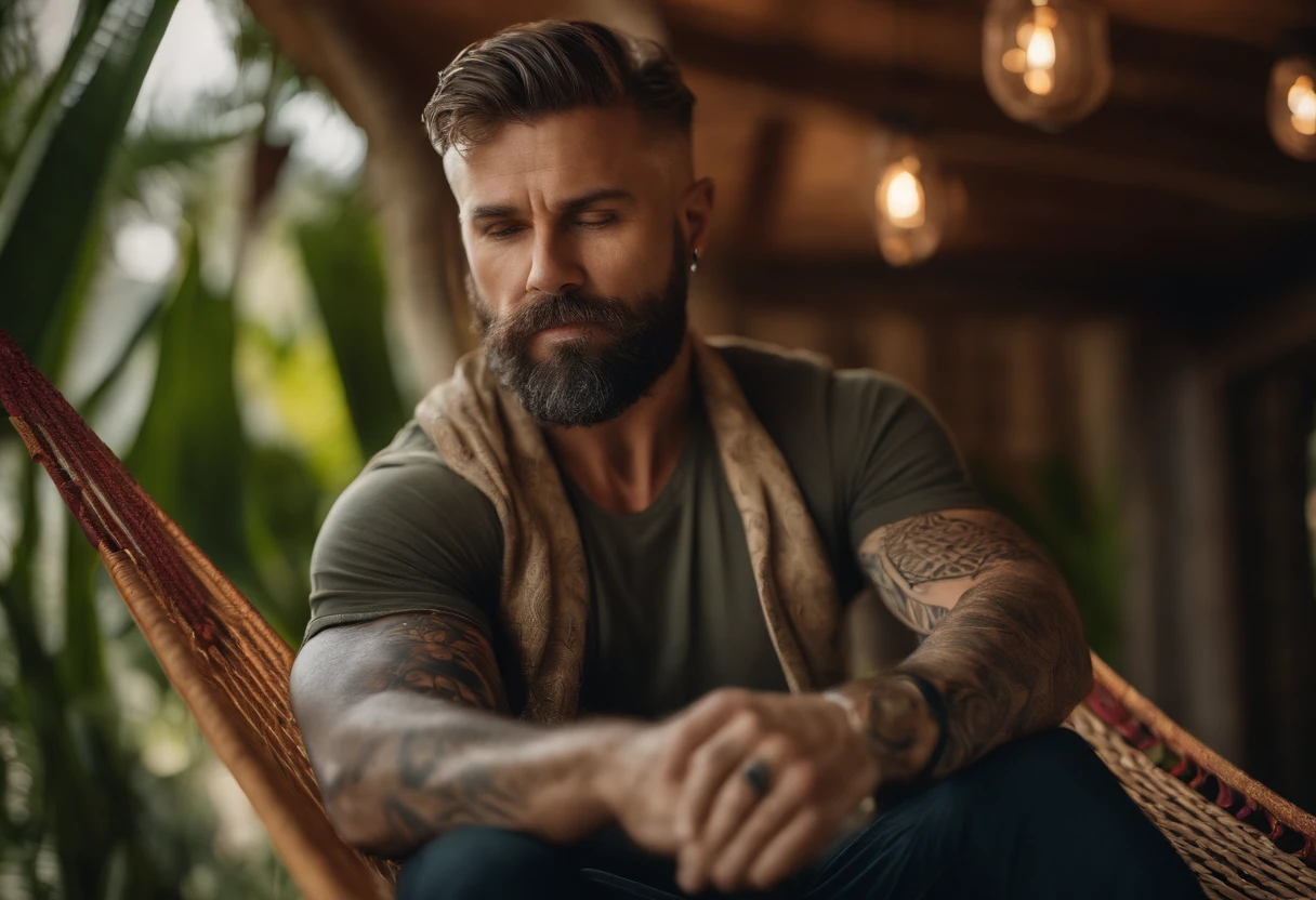 A middle-aged man sitting in a realistic hammock, facing the fan, with tattoos and a cellphone in his hands, enjoying the breeze.
(best quality,4k,8k,highres,masterpiece:1.2),ultra-detailed,(realistic,photorealistic,photo-realistic:1.37),comfortable,relaxing,mixed-race man,midlife,muscular,calm expression,detailed face features,beard,stubble,short hair,brown eyes,black ink tattoos,elaborate design,tropical Hawaiian motifs,cellphone with touchscreen,modern smartphone,illuminated screen,natural lighting,soft shadows,indoor setting,cozy atmosphere,vivid colors,high contrast,cool temperature,collected,tranquil moment.