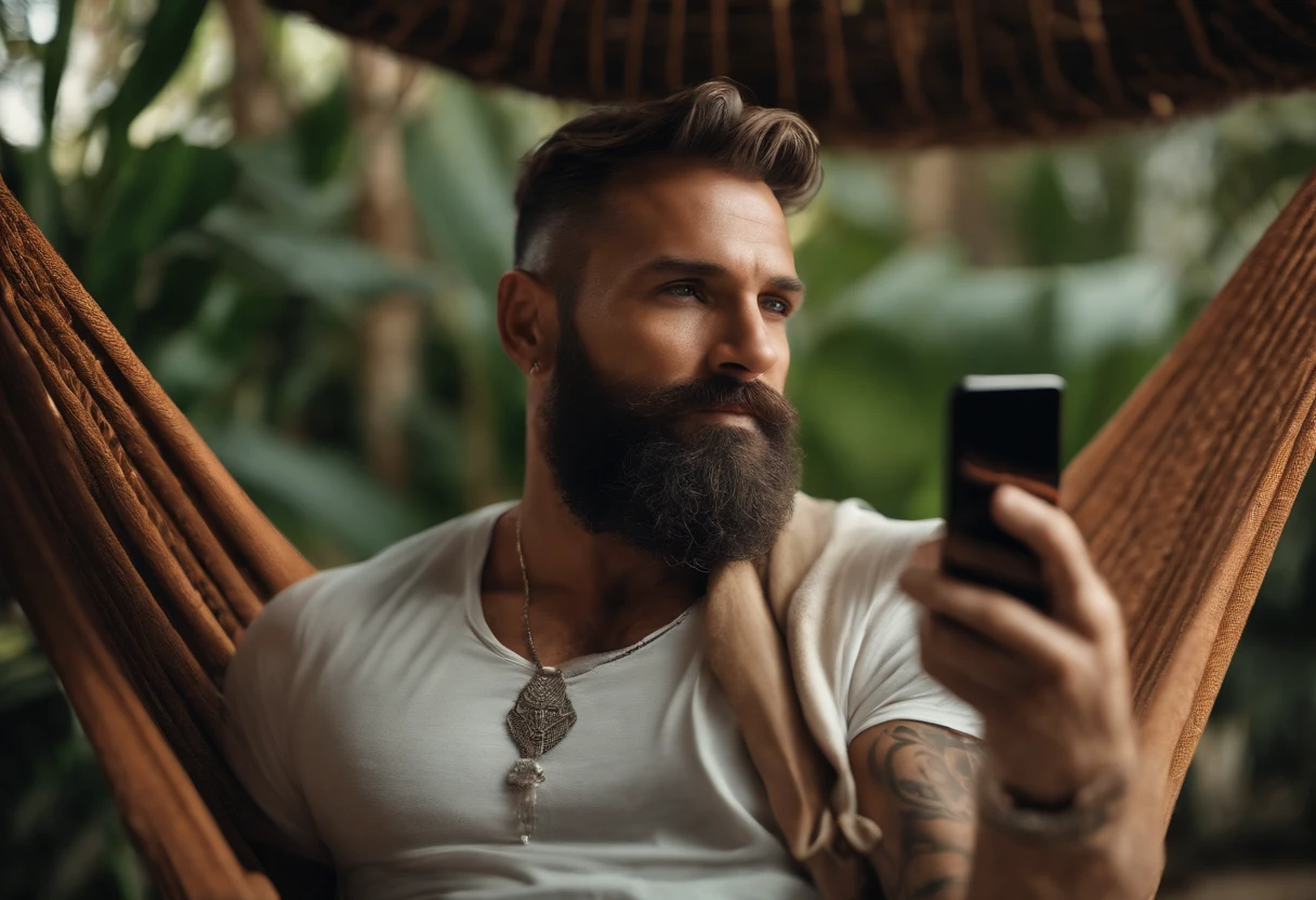 A middle-aged man sitting in a realistic hammock, facing the fan, with tattoos and a cellphone in his hands, enjoying the breeze.
(best quality,4k,8k,highres,masterpiece:1.2),ultra-detailed,(realistic,photorealistic,photo-realistic:1.37),comfortable,relaxing,mixed-race man,midlife,muscular,calm expression,detailed face features,beard,stubble,short hair,brown eyes,black ink tattoos,elaborate design,tropical Hawaiian motifs,cellphone with touchscreen,modern smartphone,illuminated screen,natural lighting,soft shadows,indoor setting,cozy atmosphere,vivid colors,high contrast,cool temperature,collected,tranquil moment.