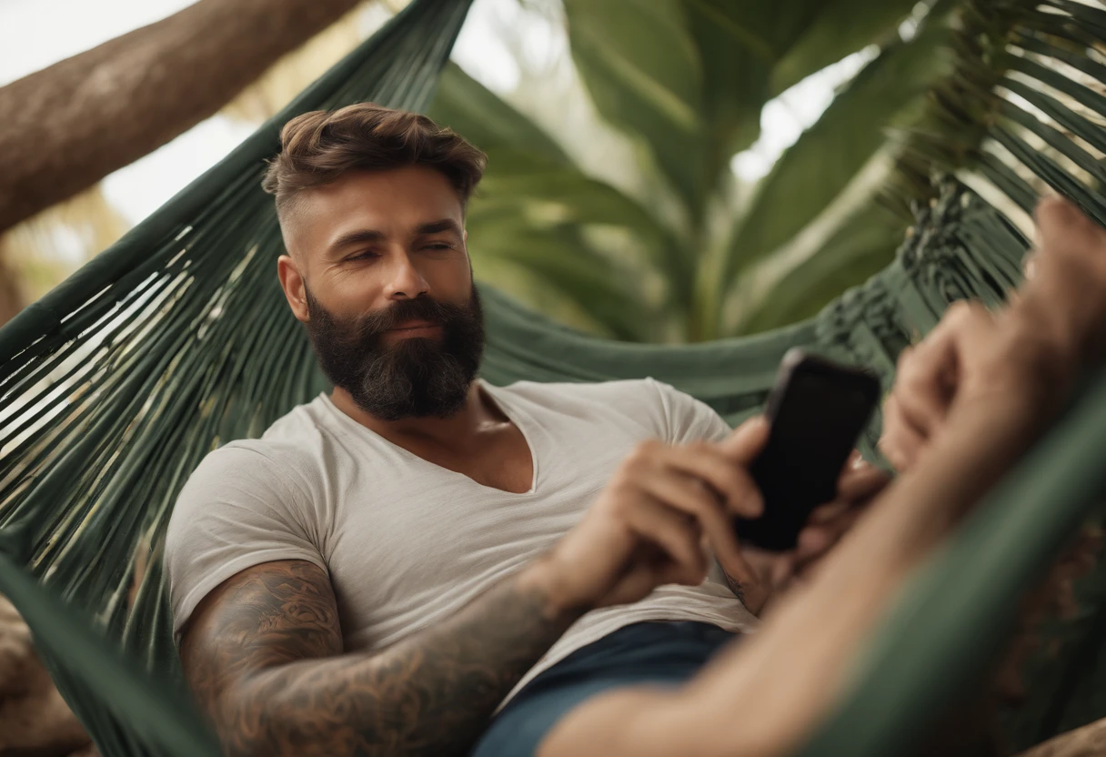 A middle-aged man sitting in a realistic hammock, facing the fan, with tattoos and a cellphone in his hands, enjoying the breeze.
(best quality,4k,8k,highres,masterpiece:1.2),ultra-detailed,(realistic,photorealistic,photo-realistic:1.37),comfortable,relaxing,mixed-race man,midlife,muscular,calm expression,detailed face features,beard,stubble,short hair,brown eyes,black ink tattoos,elaborate design,tropical Hawaiian motifs,cellphone with touchscreen,modern smartphone,illuminated screen,natural lighting,soft shadows,indoor setting,cozy atmosphere,vivid colors,high contrast,cool temperature,collected,tranquil moment.