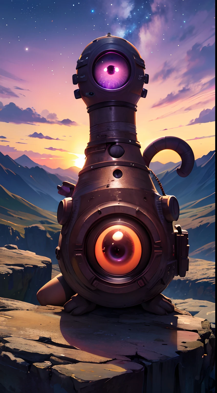 (ultra-detailed, highres, best quality, realistic, vivid colors), cute one eyed alien, minions, running around, gather with friends, green blue and purple, sitting in a classic char, enjoying view, extraterrestrial being, photography , on terrain, nebulae sky, ((best shadow)), best quality