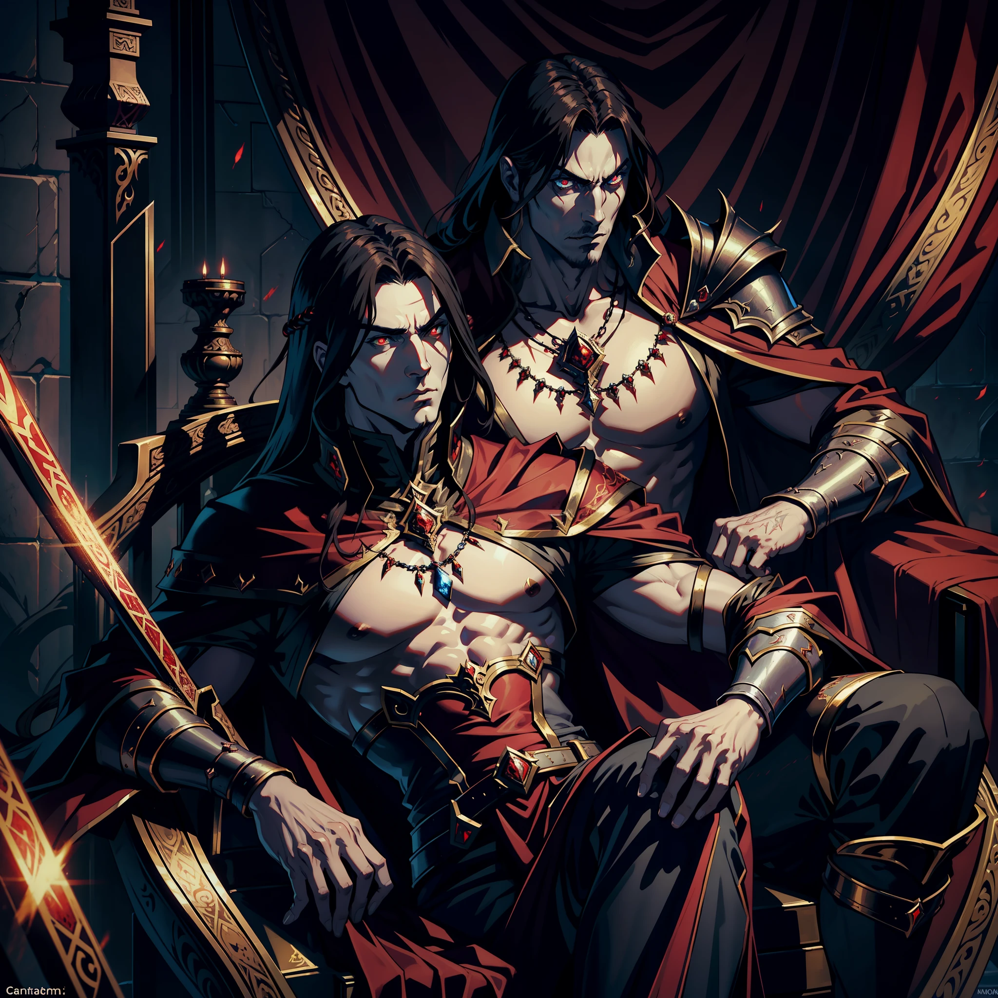 Castlevania Shadow Lord muscular hyper realistic super detailed scary Lord Dracula sitting in his great legendary Moroccan throne with very beautiful princesses sitting next to him scene Read large scrolls with a red expression of anger bright eyes hyper realistic face super detailed portrait dynamic shot centerpiece cinematic scene scenes movie Epic Legendary correct proportions Anatomy