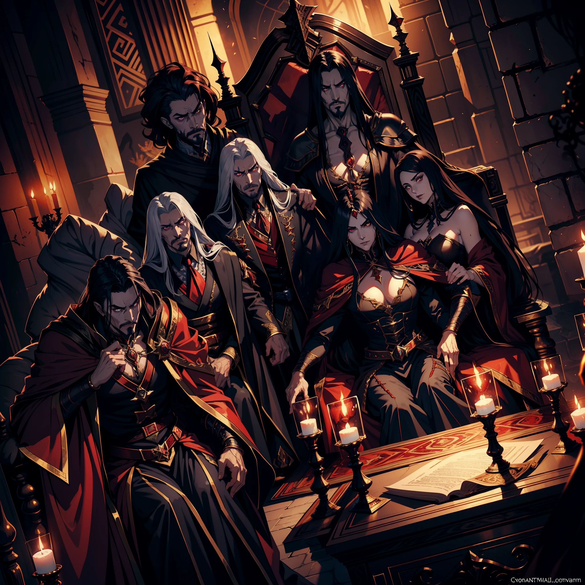 Castlevania Lord of Shadows muscular hyper realistic super detailed scary Lord Dracula sitting in his great legendary Moroccan throne with very beautiful princesses sitting next to him scene Read large scrolls with a red expression of anger bright eyes hyper realistic face super detailed portrait dynamic shot centerpiece cinematic scene scenes movie Epic Legendary correct proportions Correct anatomy poses