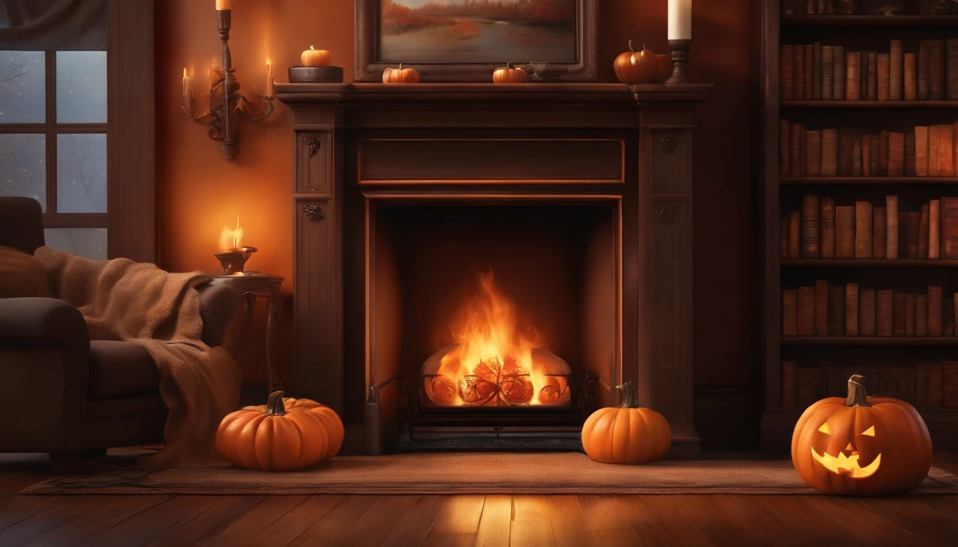 An oil painting of a cozy scene of a fireplace, a bookshelf, and a cup of hot chocolate, with a few fall leaves and one pumpkin on the mantel and the floor.