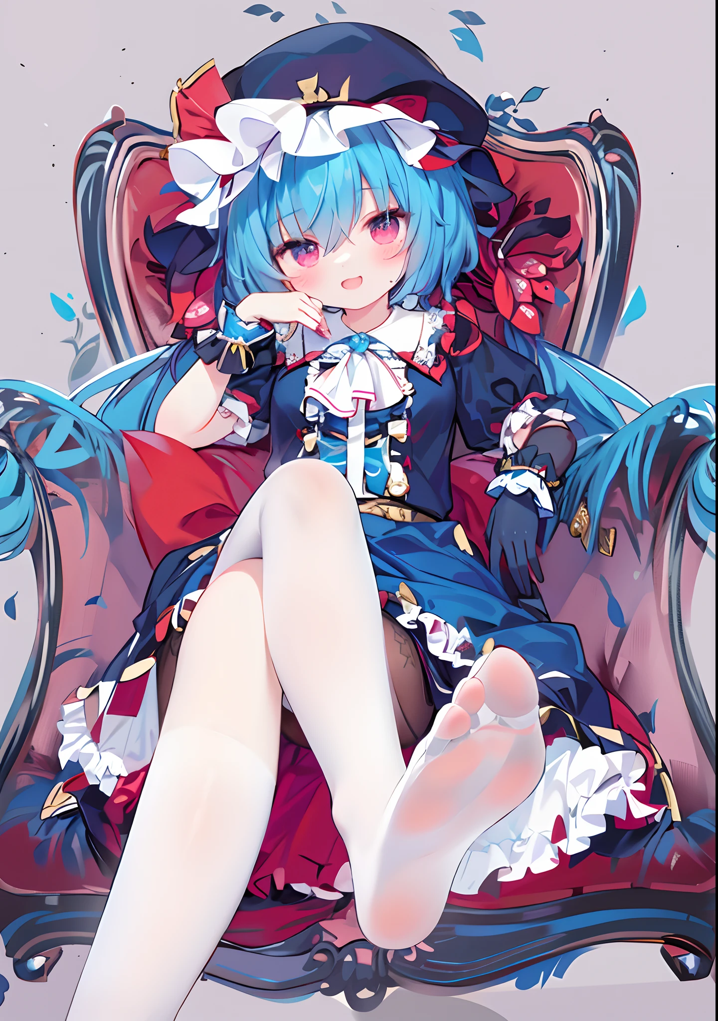 tmasterpiece， best qualityer， （Marta：1.2）， 1girll， dark red eye， light blue  hair， hair adornments， Red and blue hairpins， 独奏， Single focus， Very long hair， long whitr hair， face to the viewer， Lori huge breasts cleavage， Delicate and beautiful， looking at viewert， Dark blue bow on the head， There is a white bow in front of the skirt， Blushlush， sportrait， Face focus， （The arms are behind the back）， （vibrant with colors，vividness，rays of sunshine，warmly lit：1.2），（Wearing a dark blue bow with red and purple stripes on it），Wearing white stockings，White panty hose