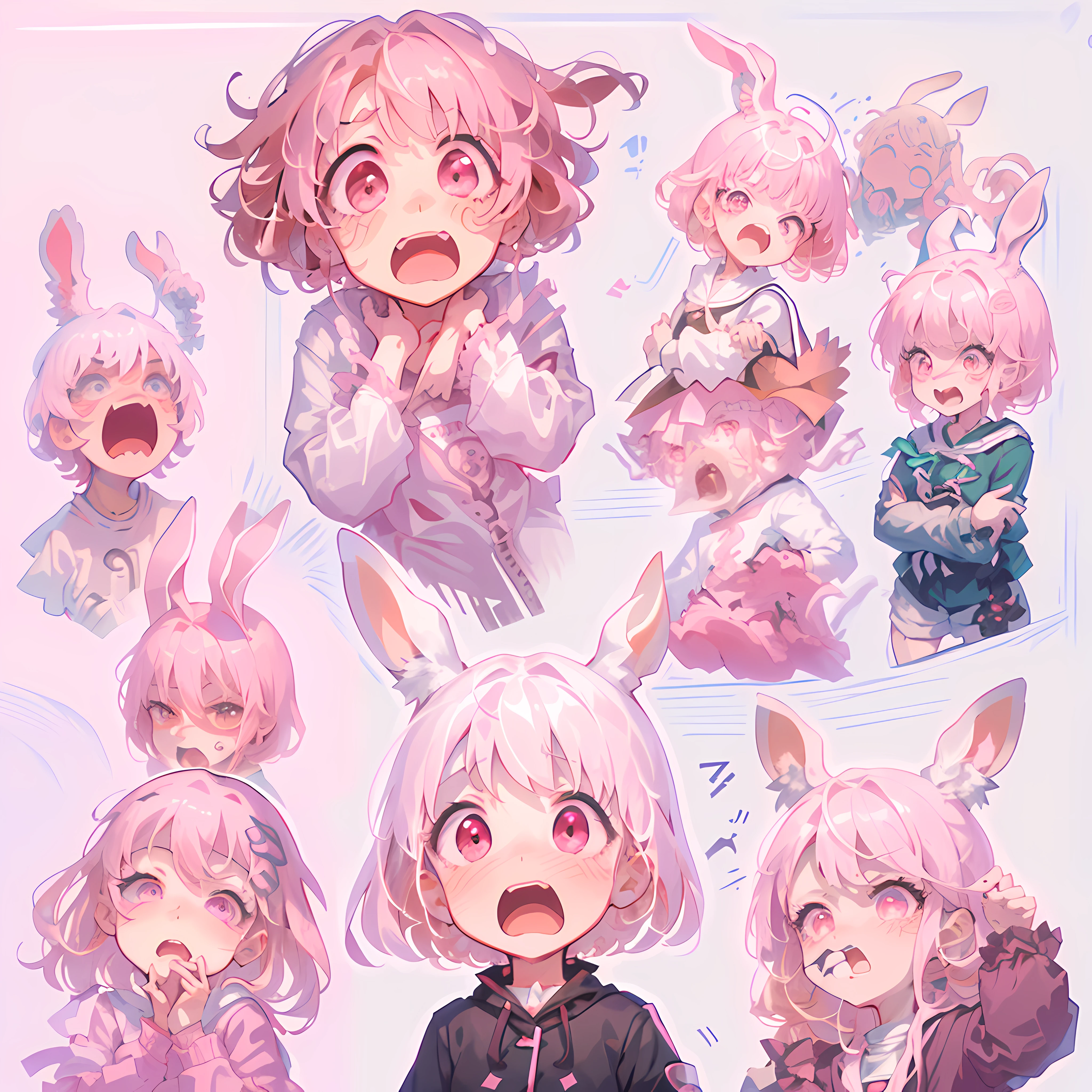 f/64 group, related characters, (all kinds of expressions,happpy, sad, angry, expectant laughter, disappointed, Scared,Surprised), white background, emoji as illustration set,dynamic pose dark white, (pink hair, pink eyes, Rabbit ear, pink clothes :1.1)